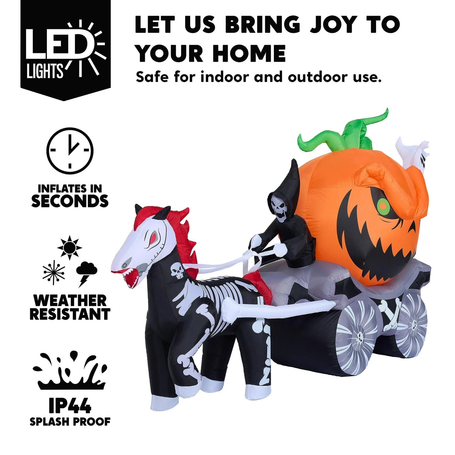8 FT Halloween Inflatable Long Inflatable Grim Reaper Driving Pumpkin Carriage with Build-in Flaming LED Lights,Blow UP Outdoor Yard Decoration