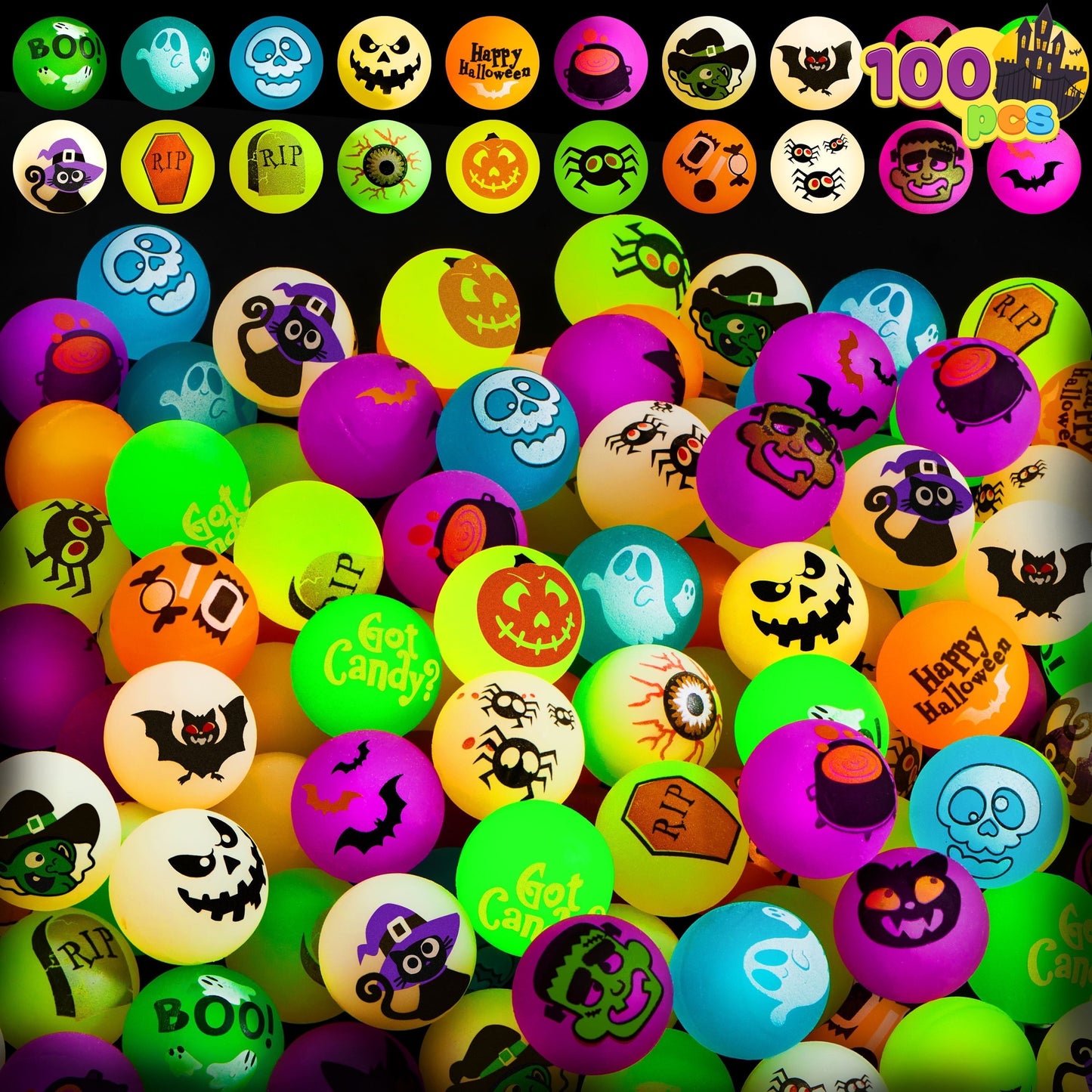 Joyfy 100 Pcs Halloween Toys for Kids,20 Designs Glow in The Dark Bouncy Balls for Trick or Treate Bags, Goodies Bags Fillers, Halloween Party Favors