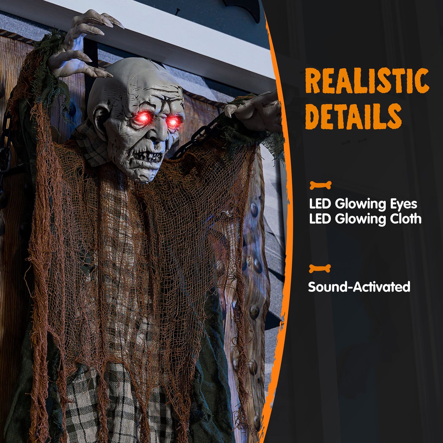 Syncfun 30 Inch Halloween Hanging Animatronic Zombie Ghost,Light Up Red Eye Zombie with Creepy Sound Activated Door Decorations for Halloween Hanging Decorations Indoor Outdoor