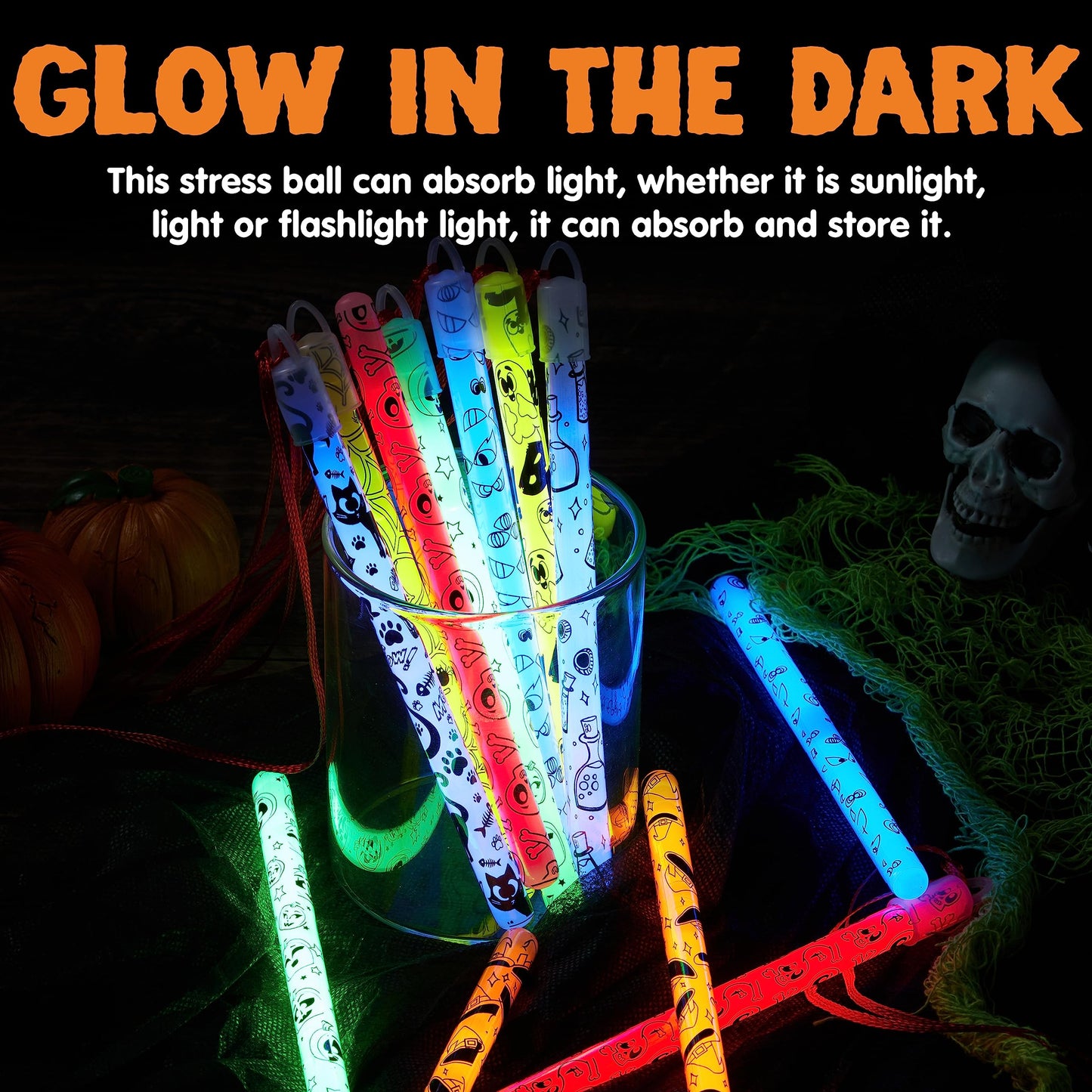 Sycnfun 24 Pcs Halloween Glow Sticks Bulk Party Pack,Hanging Wands Glow in The Dark Party Favors,Halloween Goodie Bag Fillers,Halloween Trinkets for Kids,Halloween Activities