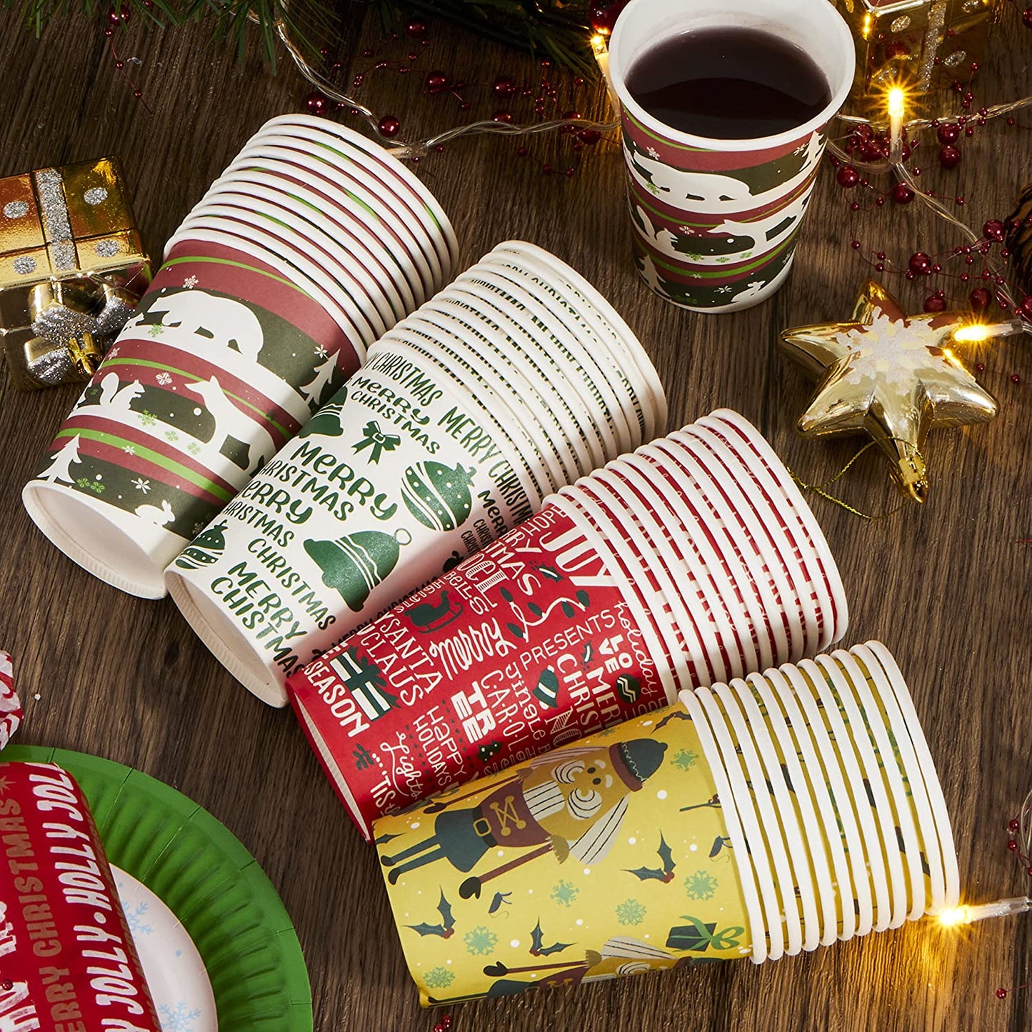 Joyfy 48 Pcs Christmas Paper Cup with Holiday Design, 9 oz Xmas Disposable Dinnerware Cups Party Supplies for Hot and Cold Beverages, Coffee Cups