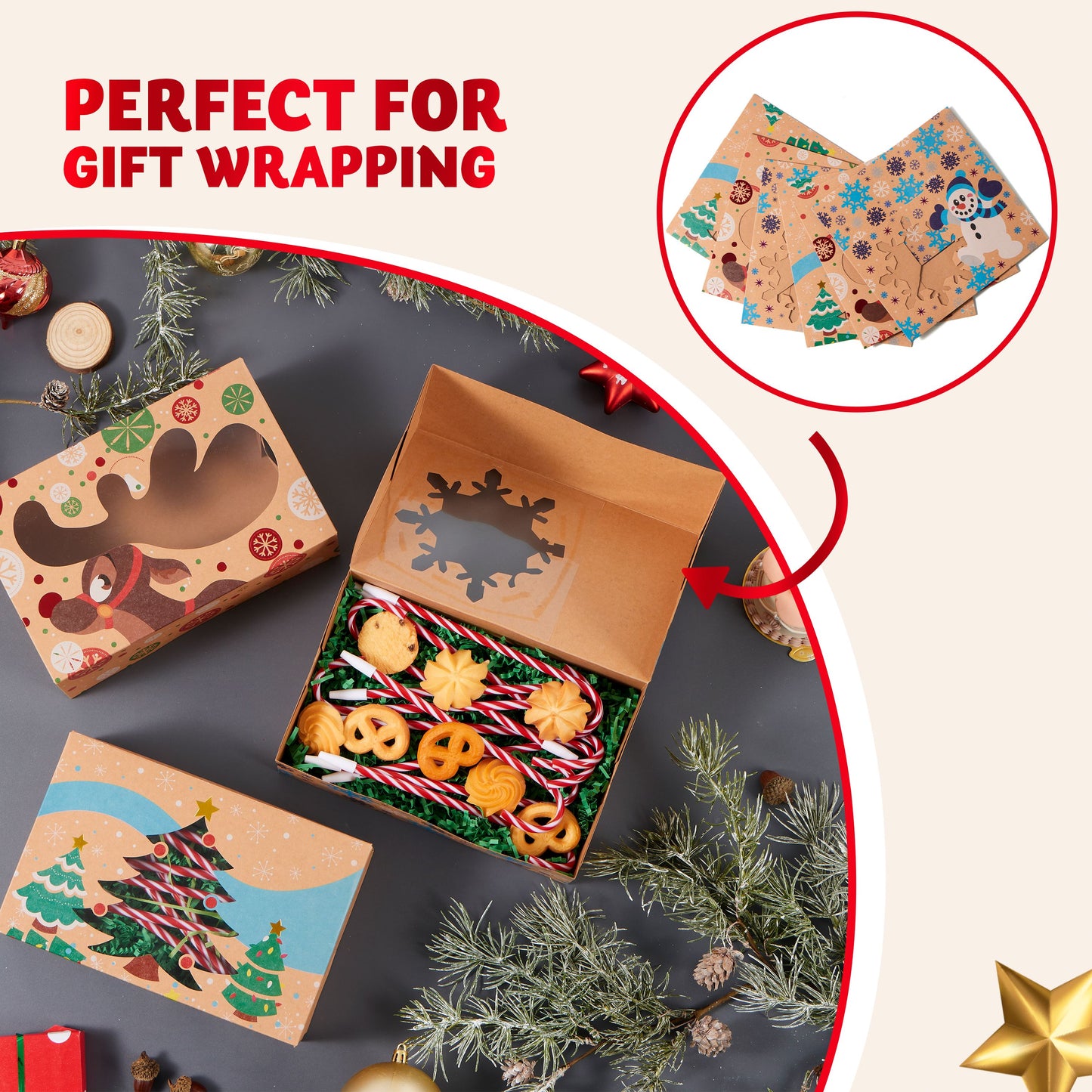 Joyfy 12 Pcs Foiled Christmas Cookie Boxes with Window 8.5" x 5.75" x 2.75", Treat Boxes for Pastries, Cupcakes, Brownies, Gift-Giving, Doughnut and Cookie, Brown Kraft Bakery Boxes