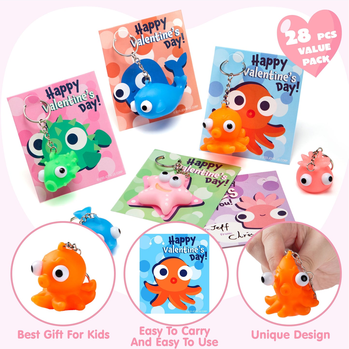28 Packs Valentine's Day Gift Cards with Sea Animal Unzip Popping Eyes Keychains for Kids Party Favor, Classroom Exchange Gifts, Valentine’s Greeting Cards, Classroom Prizes