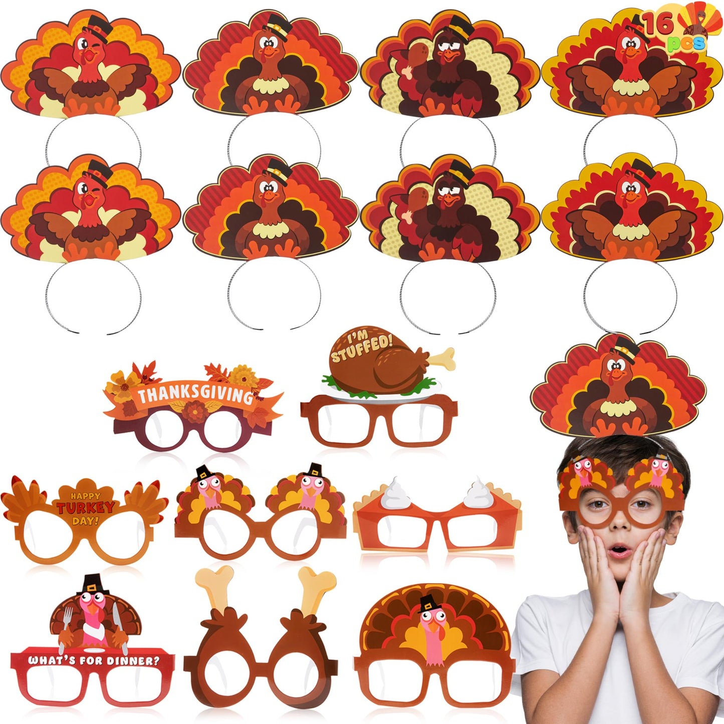 Joyfy 16 Pack Thanksgiving Turkey Headbands and Glasses Frame for Kids Adult,Thanksgiving Party Role Play