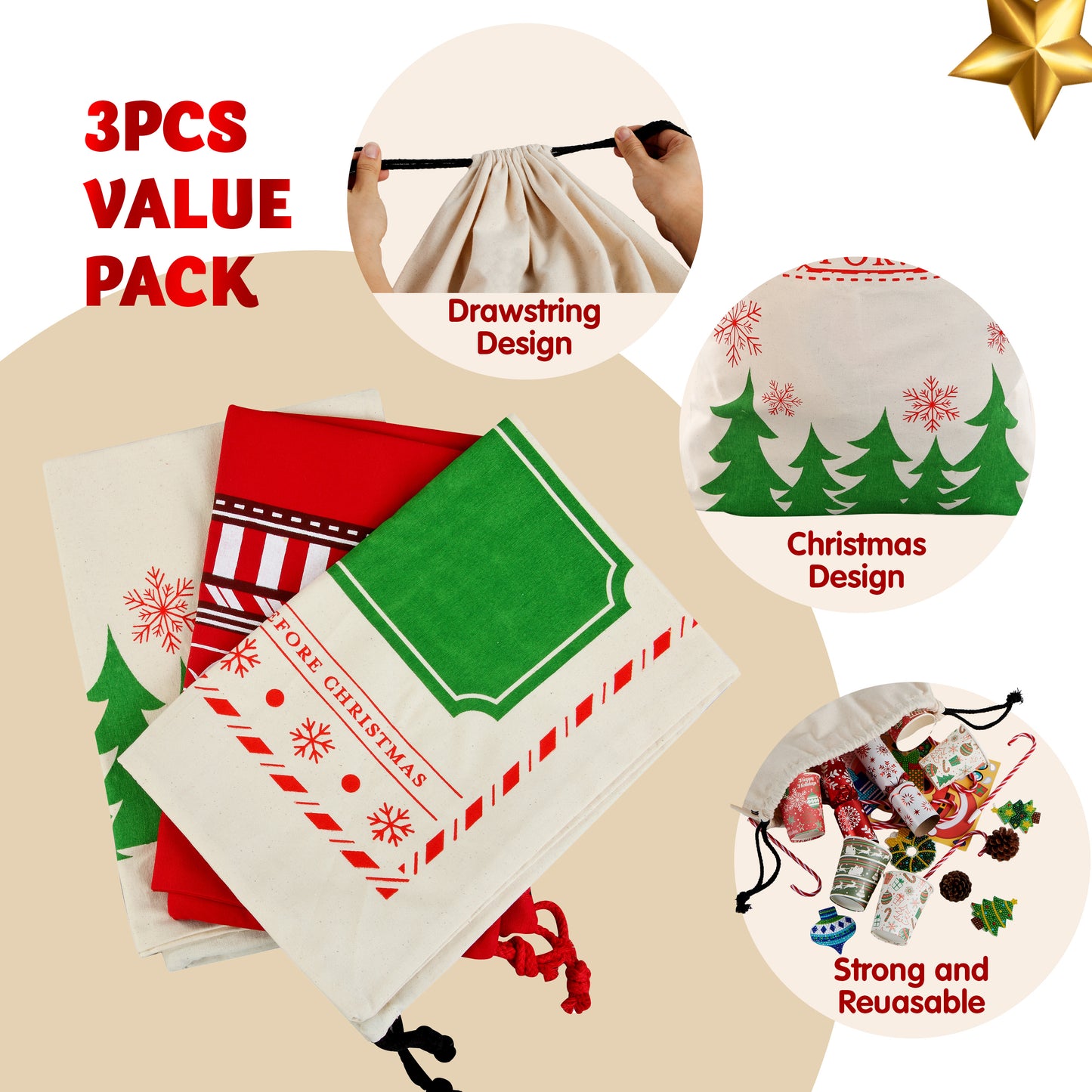 Joyfy 3 Pcs Present Bags, Santa Burlap Sack with Drawstring 26" x 19" for Large Xmas Package Storage,Christmas Large Gift Bags