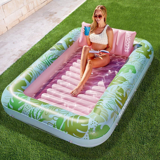 SLOOSH Inflatable Tanning Pool Lounger Float, 85" x 57" Extra Large Suntan Sun Tan tub for Adults, Tanning chair, Bed Blow up, Raft Lounge Floatie,XL-Cyan Pink