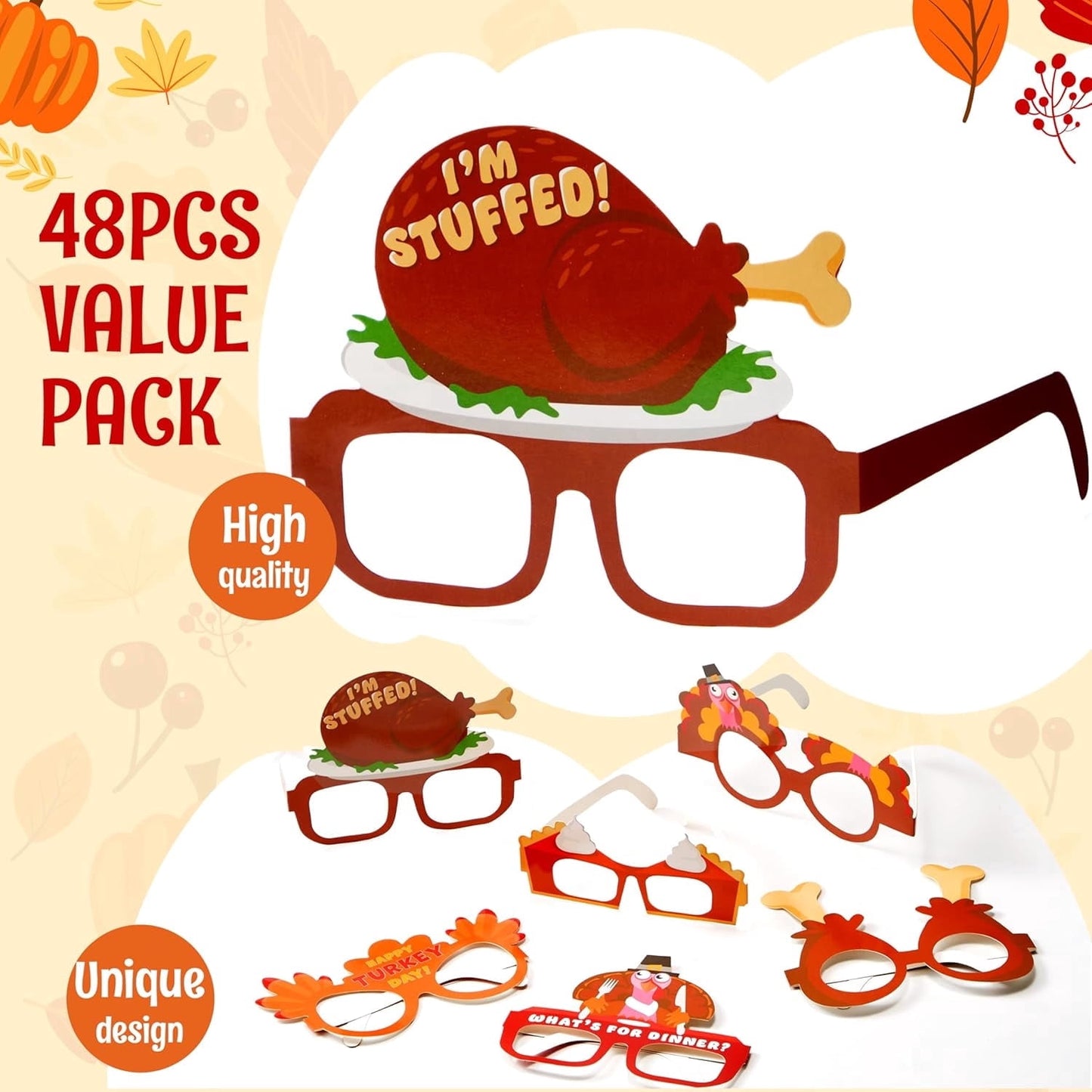 Joyfy 48 Pcs Turkey Eyeglasses,Thanksgiving Headband Turkey Costume Adults