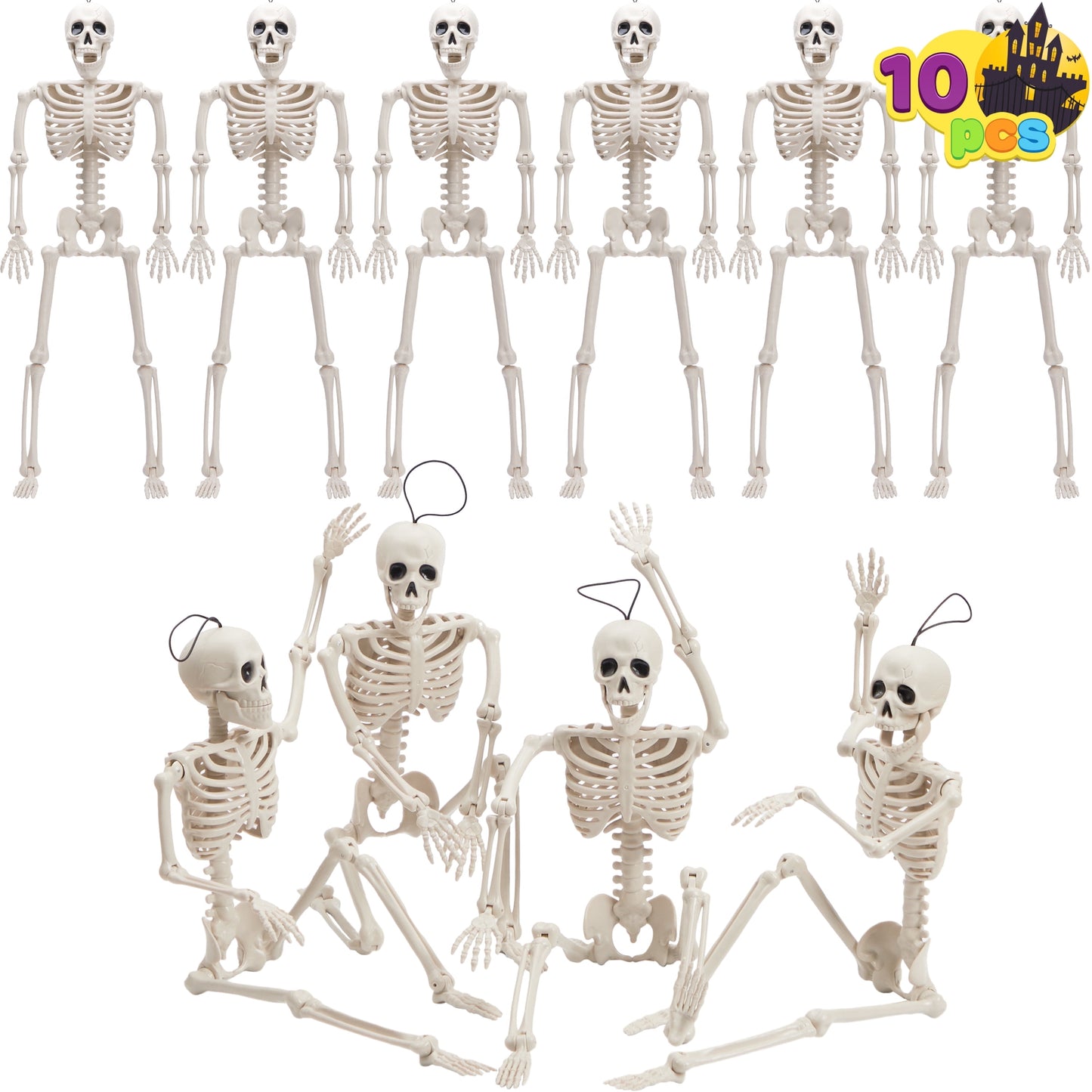 Joyfy 10 Pcs Skeleton Halloween Decorations,16 Inch Full Body Poseable Skeleton with Movable Joints for Halloween Indoor Outdoor Party,Graveyard,Haunted House Accessories