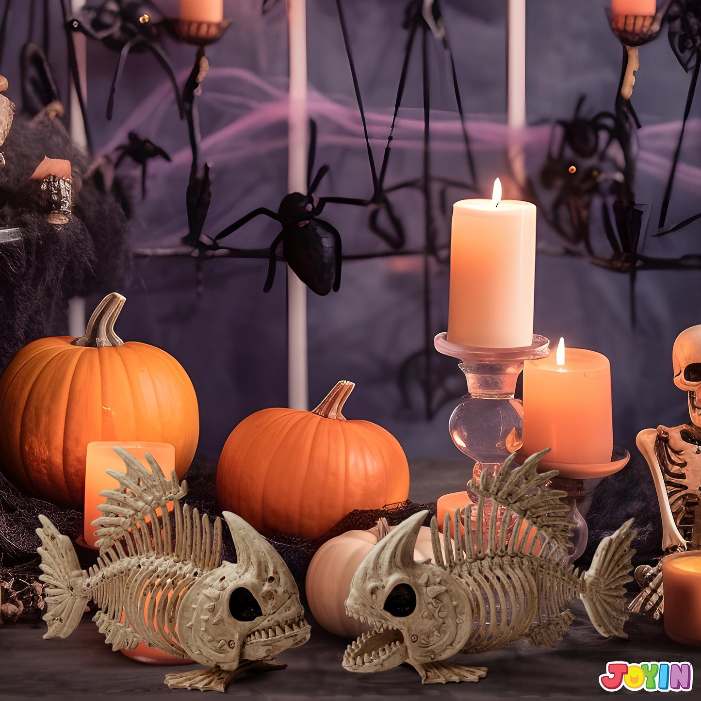 Joyfy 2 Pcs Fish Skeleton Halloween Decoration,9.5 Inch Posable Plastic Animals Halloween Skeleton for Indoor Outdoor Halloween Decorations,Haunted House Party Props