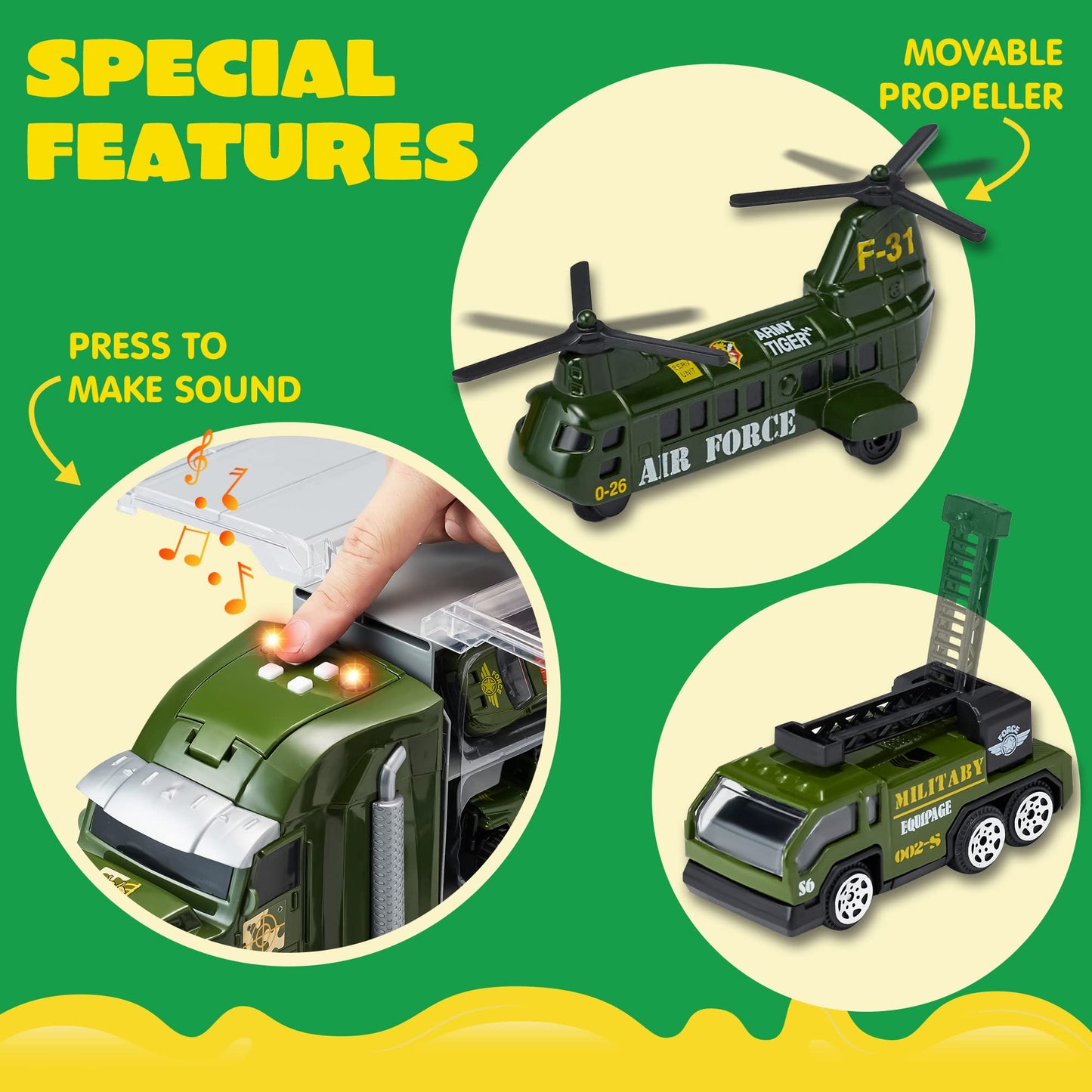 SYNCFUN 25 in 1 Die-cast Military Army Play Vehicle Set, Vehicles with Sounds and Lights in Carrier Truck, Push and Go Car Toy, Kids Birthday Gifts for 3 4 5 6 Years Old Boys