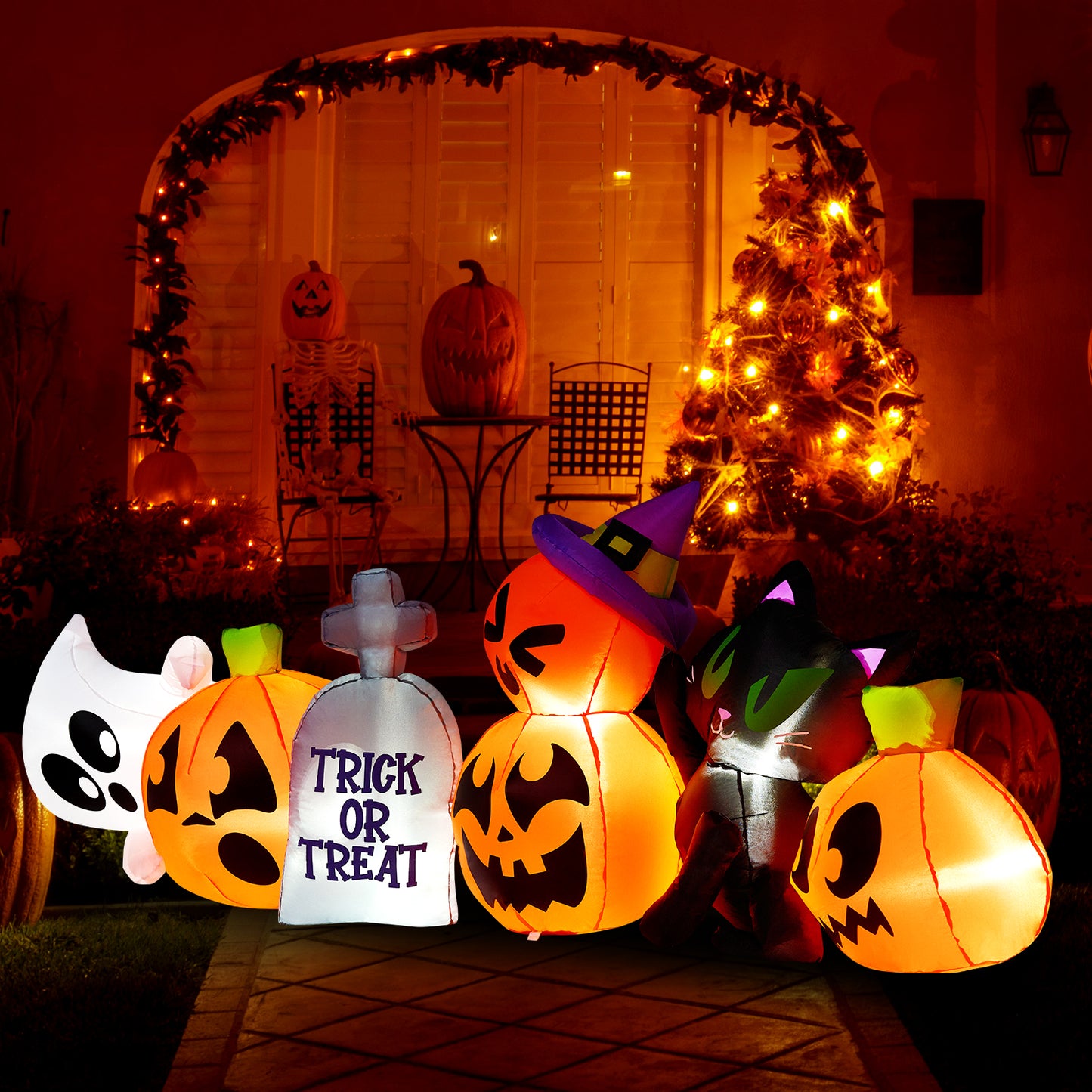 Joyfy 8 FT Halloween Inflatables Characters,Long Light Up Pumpkin Ghost Cat Tombstone Halloween Blow up Yard Decorations,Outdoor Halloween Decor