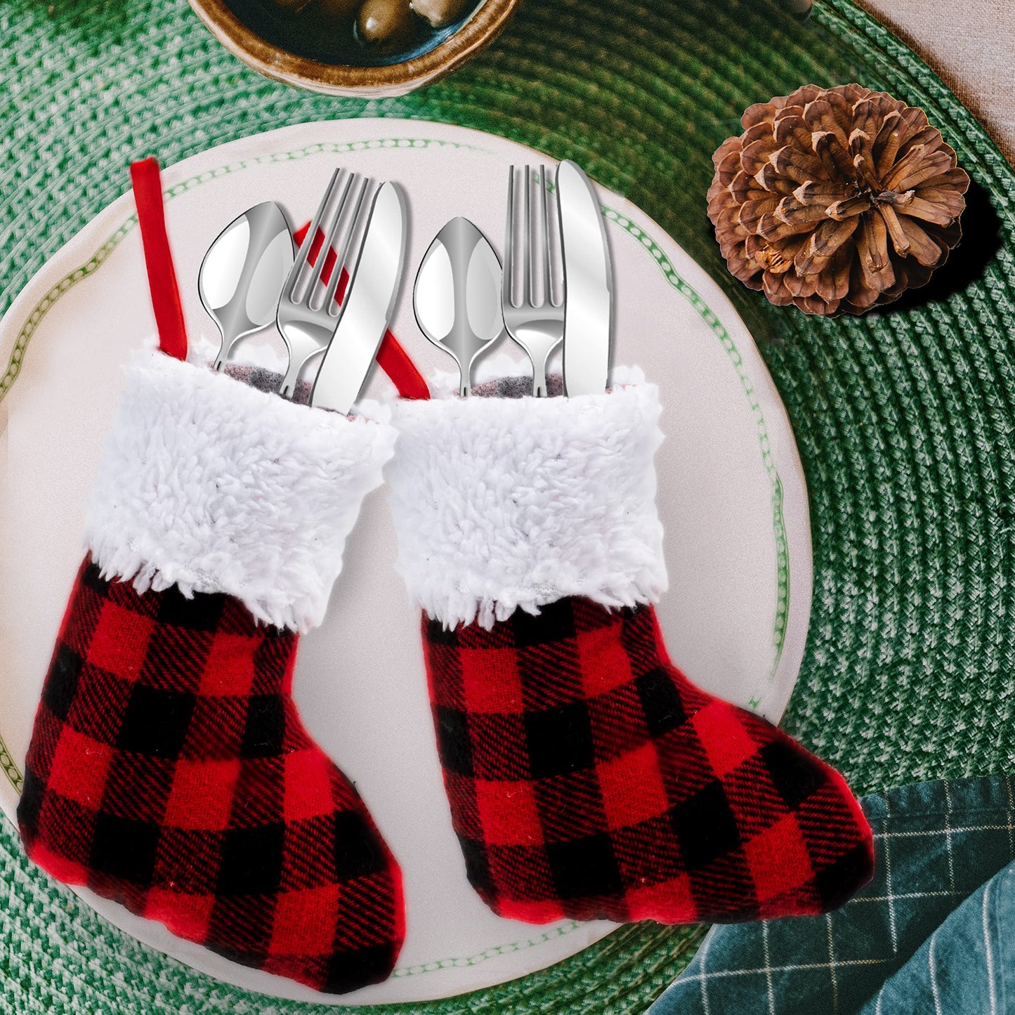 Joyfy 12 Pcs 5” Mini Christmas Stocking, Red Black Buffalo Plaid Stocking Rustic Fireplace Socks Traditional Stockings for Holiday Christmas Tree Decorations Party Favors