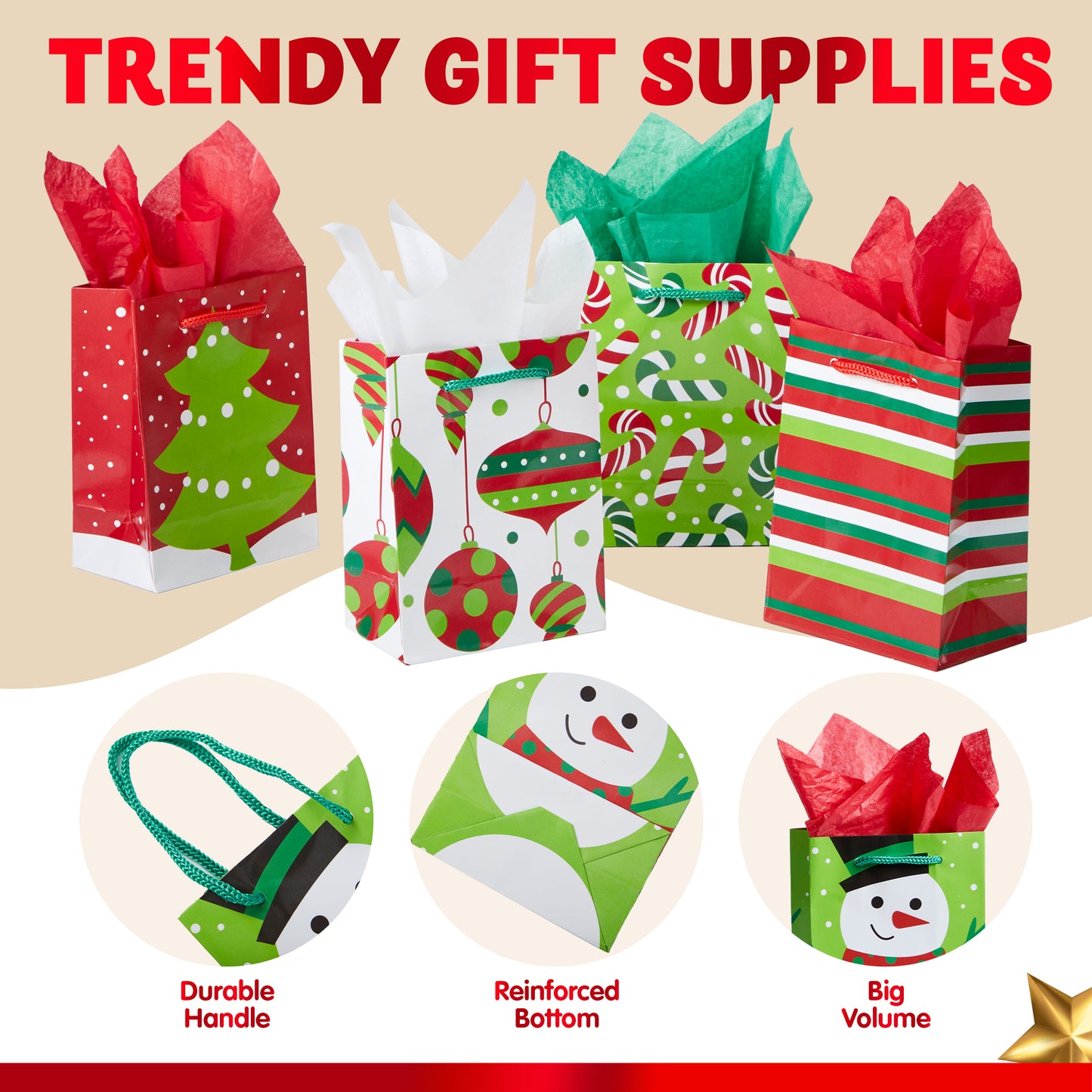 Joyfy 18 Pcs Christmas Holiday Goody Bags, 6 Assorted Christmas Designs Goodie Bags for Classrooms, Party Favors, Small Gift Bags, Kraft Bags and Christmas Craft Bags