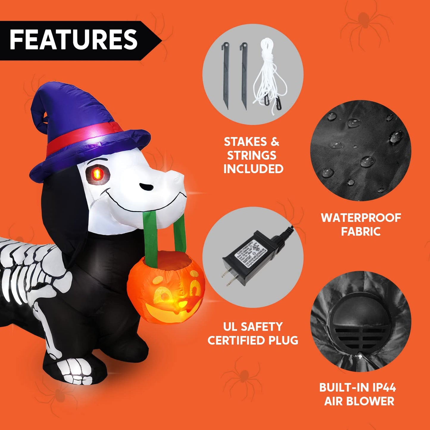 Syncfun 5 FT Halloween Inflatables Light up Pumpkin Skeleton Wiener Dog Long Halloween Inflatables Outdoor Decorations,Blow up Halloween Yard Decorations