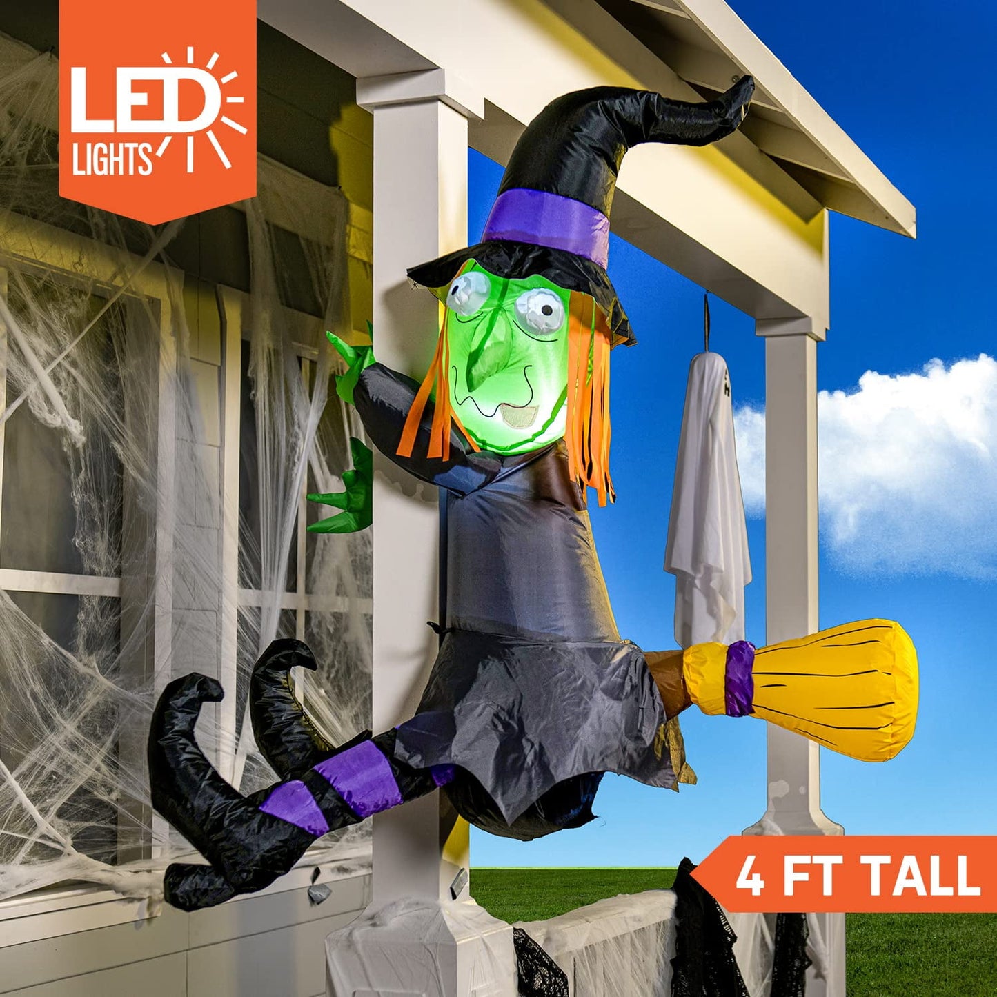 Syncfun 4 FT Halloween Inflatable Outdoor Witch Crashing Into Tree Decorations Blow Up Inflatables Halloween Yard Decorations