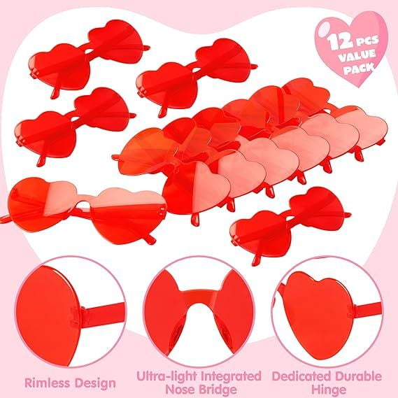 12 Packs Valentine's Day Heart Shaped Glasses for Kids, Rimless Sunglasses, Classroom Exchange Gift Valentines Party Favors