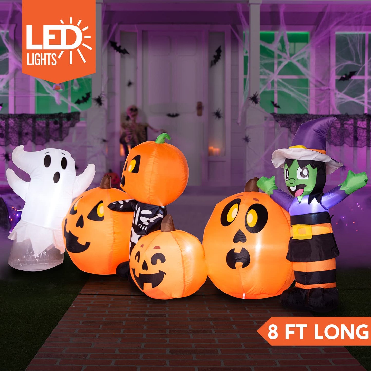 Syncfun 8 FT Halloween Inflatable Long Pumpkin Patch Decorations Inflatables with Build-in LEDs,Halloween Decor Outdoor Blow Up Yard Decorations