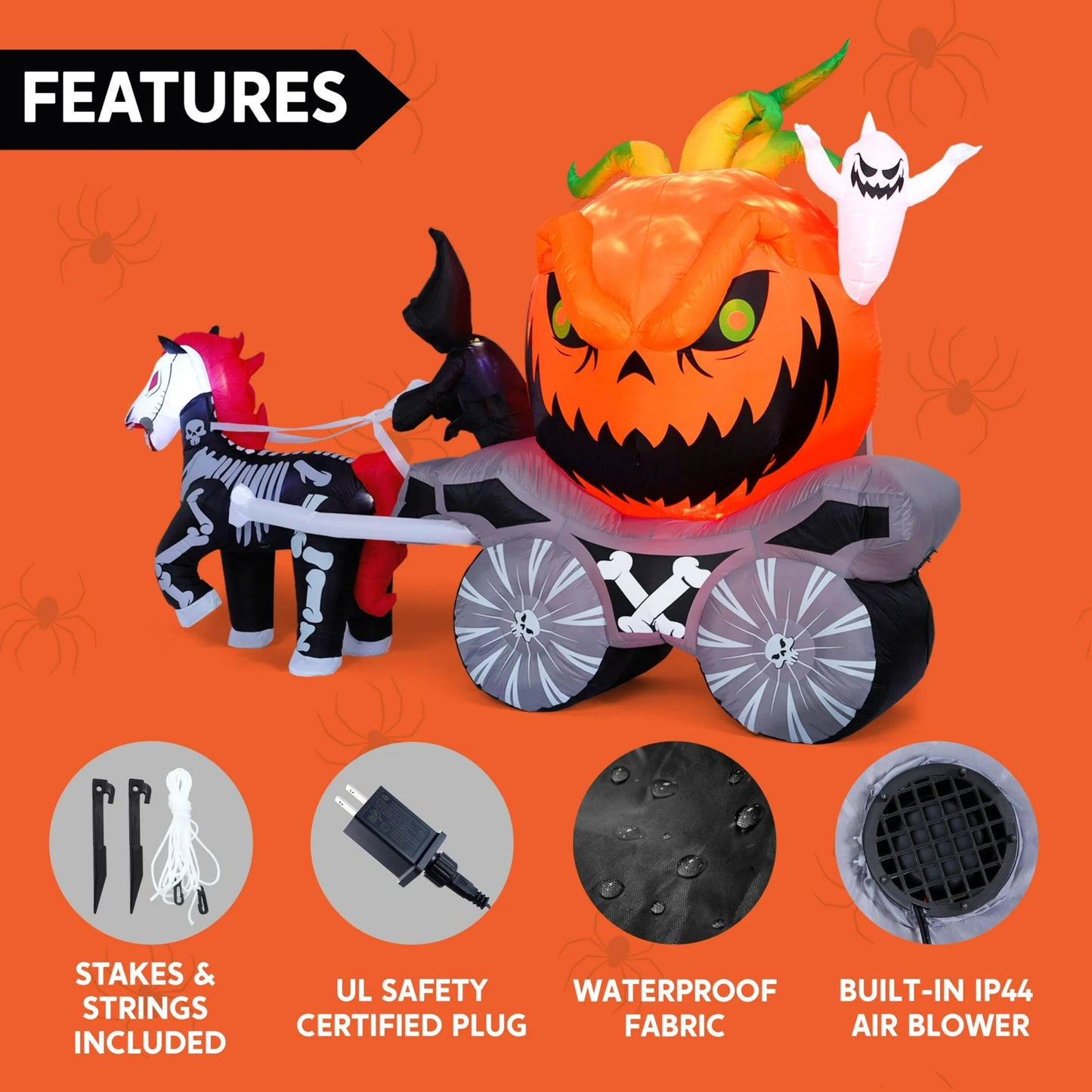 8 FT Halloween Inflatable Long Inflatable Grim Reaper Driving Pumpkin Carriage with Build-in Flaming LED Lights,Blow UP Outdoor Yard Decoration