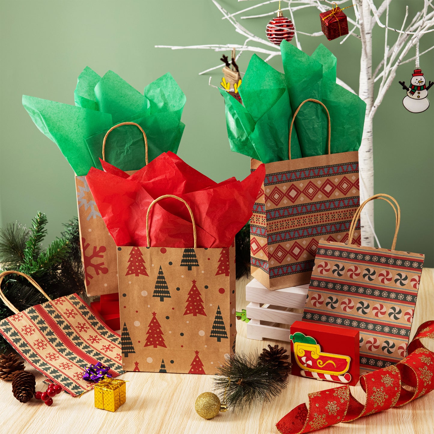 Joyfy 24 Pcs Christmas Kraft Gift Bags With Handle for Holiday Paper Gift Bags, Christmas Goody Bags, Xmas Gift Bags, School Classrooms Party Favors Supplies