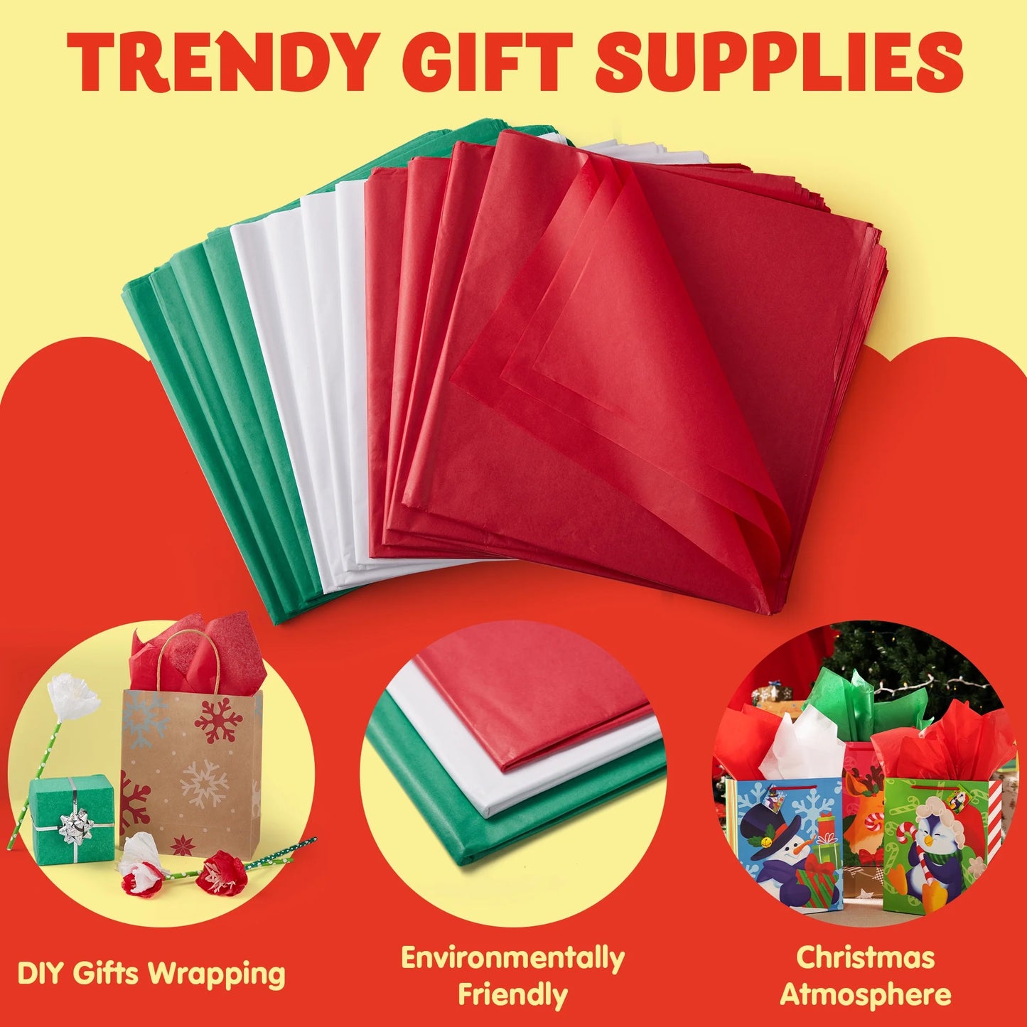 Joyfy 180 Sheets Christmas Tissue Paper Assorted Design (Red, Green & White) 20" x 20" Christmas Wrapping Tissue for Gift Bags DIY Crafts Party Decorations