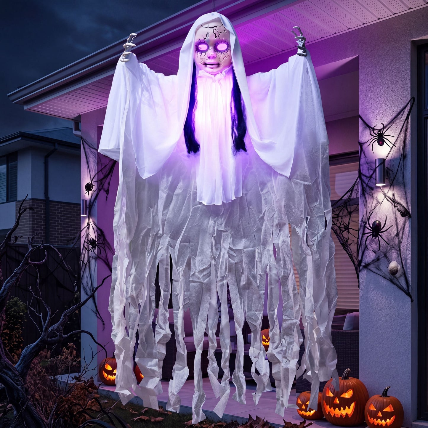 Joyfy 43  Hanging Ghost Girl Halloween Decor,Scary Ghost Sound Activated with Light Up Head,Scary Decoration for Yard,Patio,Lawn,Garden & Haunted House