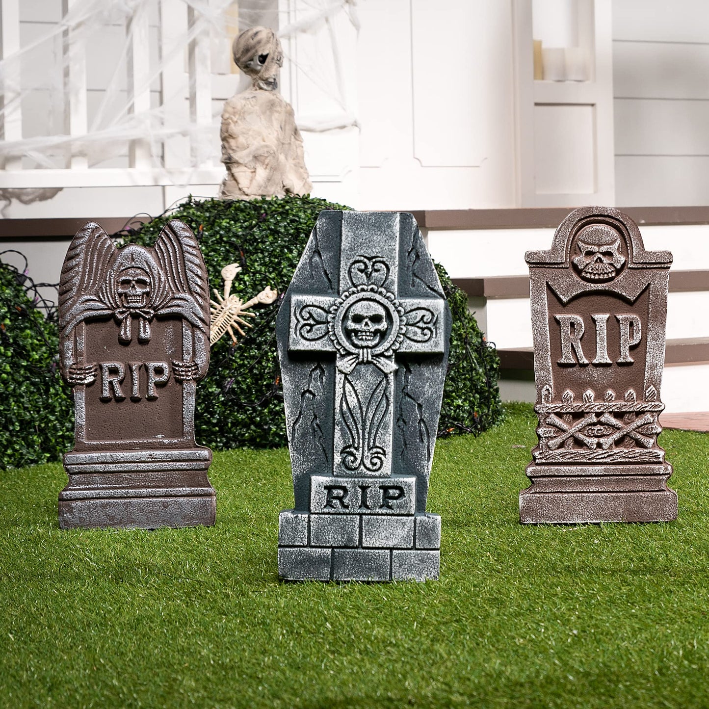 JOYIN 17" Halloween Foam RIP Graveyard Tombstones (5 Pack), Yard Sign Headstone Decorations and 12 Bonus Metal Stakes for Halloween Yard Outdoor Indoor Decorations