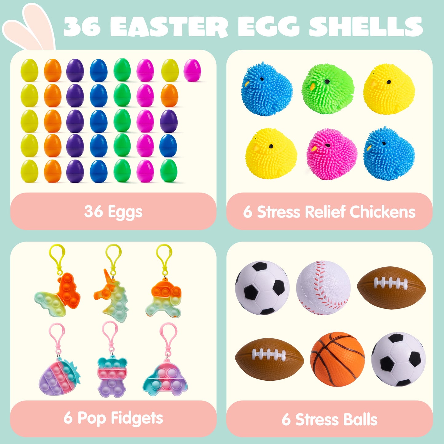 36 Pcs Stress Relief Toys Prefilled Easter Eggs,Kawaii Mochi Squishy Toy Stress Relief Toys Filled Plastic Easter Eggs for Easter Basket Stuffers Party Favor Egg Hunt for Kids