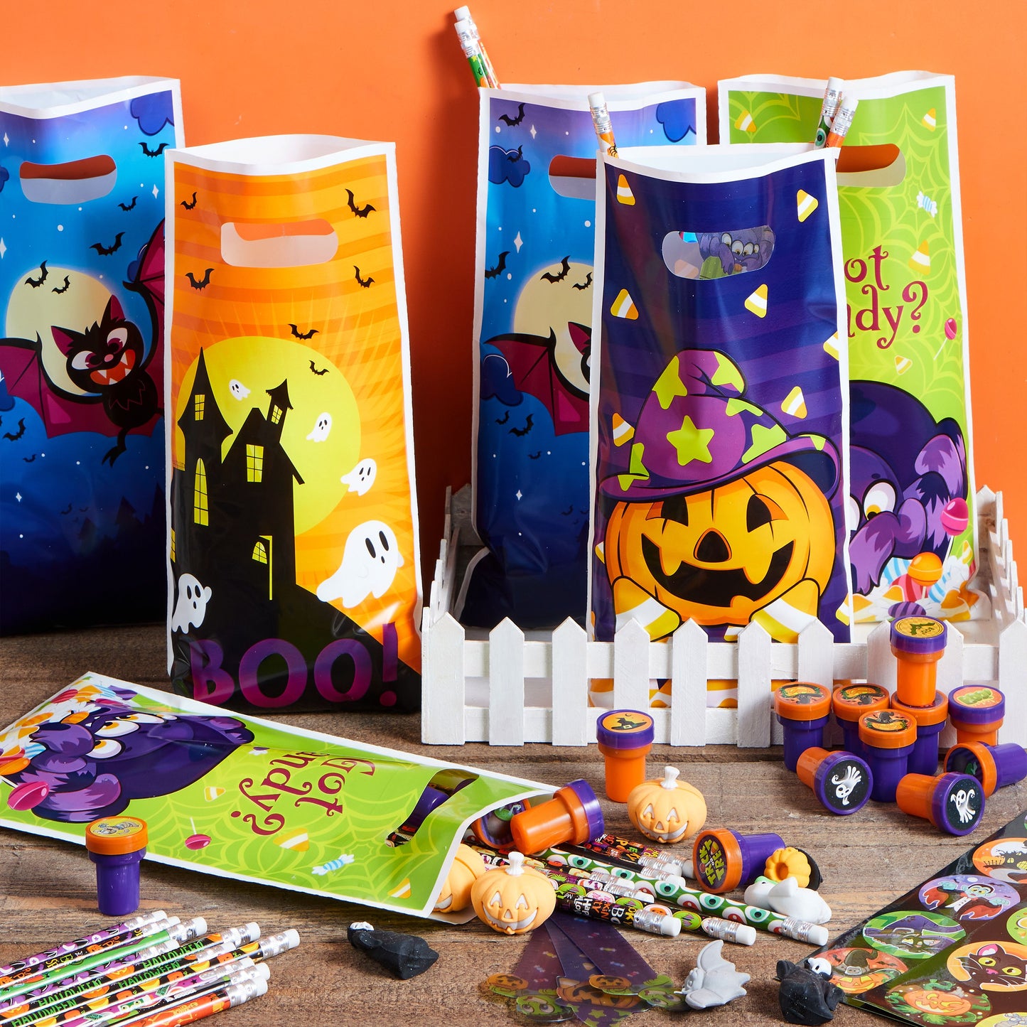 Joyfy 144 Pcs Halloween Stationery Set for Kids,Halloween Pencils Stickers Erasers Stamps Party Favors,Halloween Trick or Treat Bags,Halloween Gifts for Kids,Classroom Favors