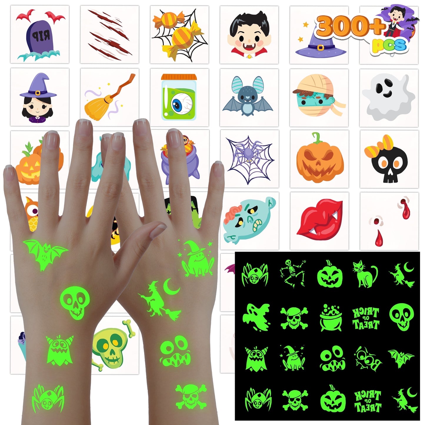 Joyfy 300+ Halloween Temporary Tattoos,Glow in The Dark Tattoos for Kids,Halloween Toys Bulk,Halloween Trick or Treat Toys,Halloween Party Favor