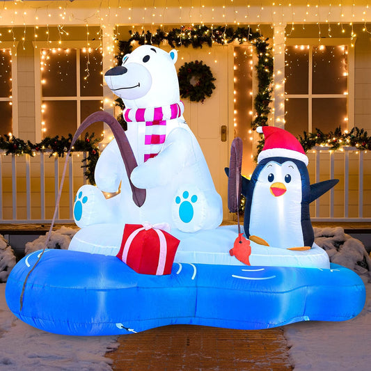 Joyfy 6 FT Christmas Inflatables Polar Bear Fishing with Penguin Outdoor Decorations,Christmas Blow Ups Yard with Built-in LEDs for Holiday Party Garden Lawn Decor