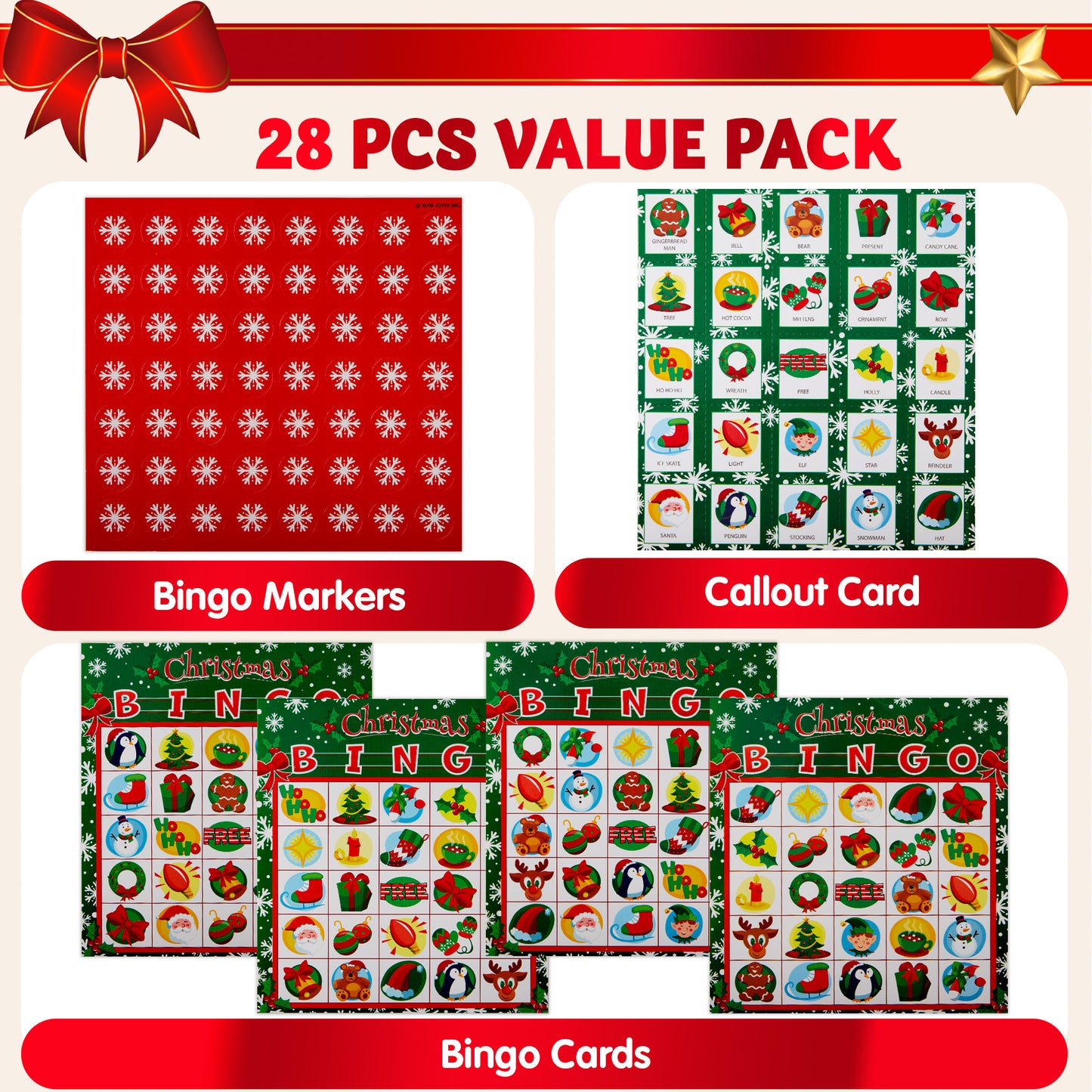 Joyfy 28 Players Christmas Bingo Card Games Set for Kids Xmas Party Board Games, Winter Bingo Card, School Classroom Charades Games, Party Supplies, Family Group Activity