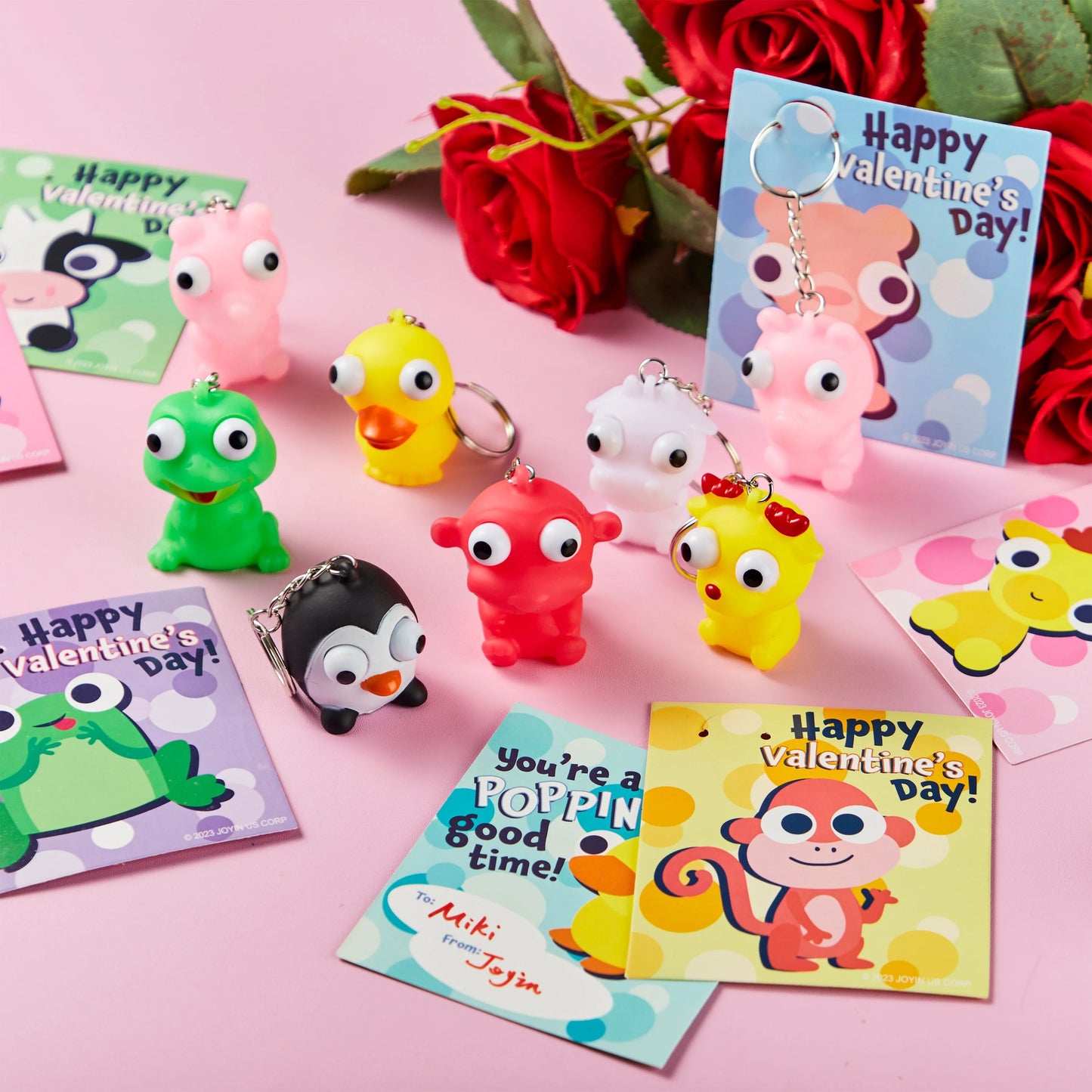 28 Packs Valentine's Day Gift Card with Unzip Popping Eyes Animal Keychains for Kids Party Favor, Classroom Exchange Prizes, Valentine’s Greeting Cards