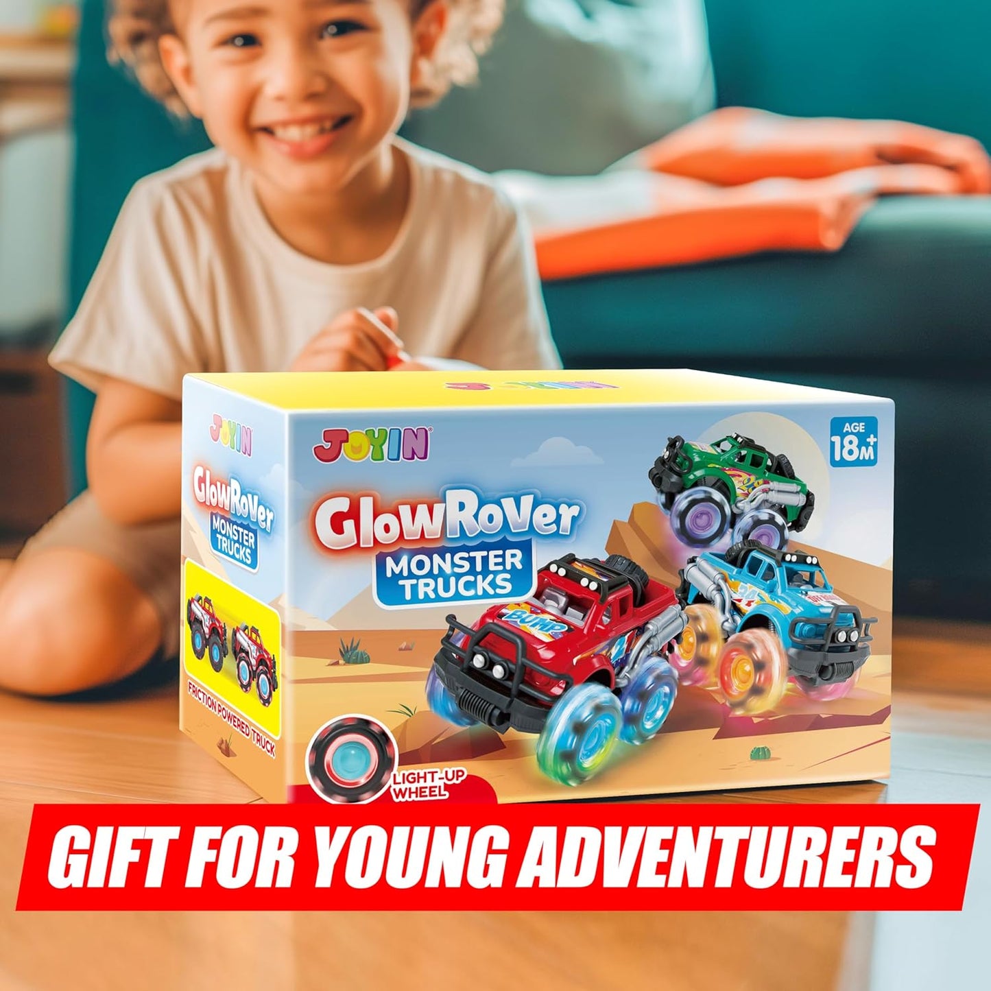 Joyfy 3PCS Monster Friction-Powered Truck Toy, Friction Powered Toy Truck with Flashing LED Wheel, Best Birthday Gift for Boys Girls