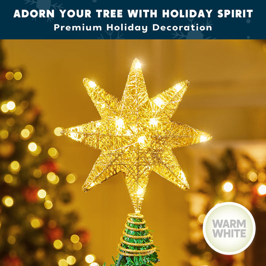 Joyfy Christmas Tree Topper,20 LED Gold Glitter 8-Point Star with Lights,Light Up Tree Topper Christmas Decorations Xmas Tree Decorations