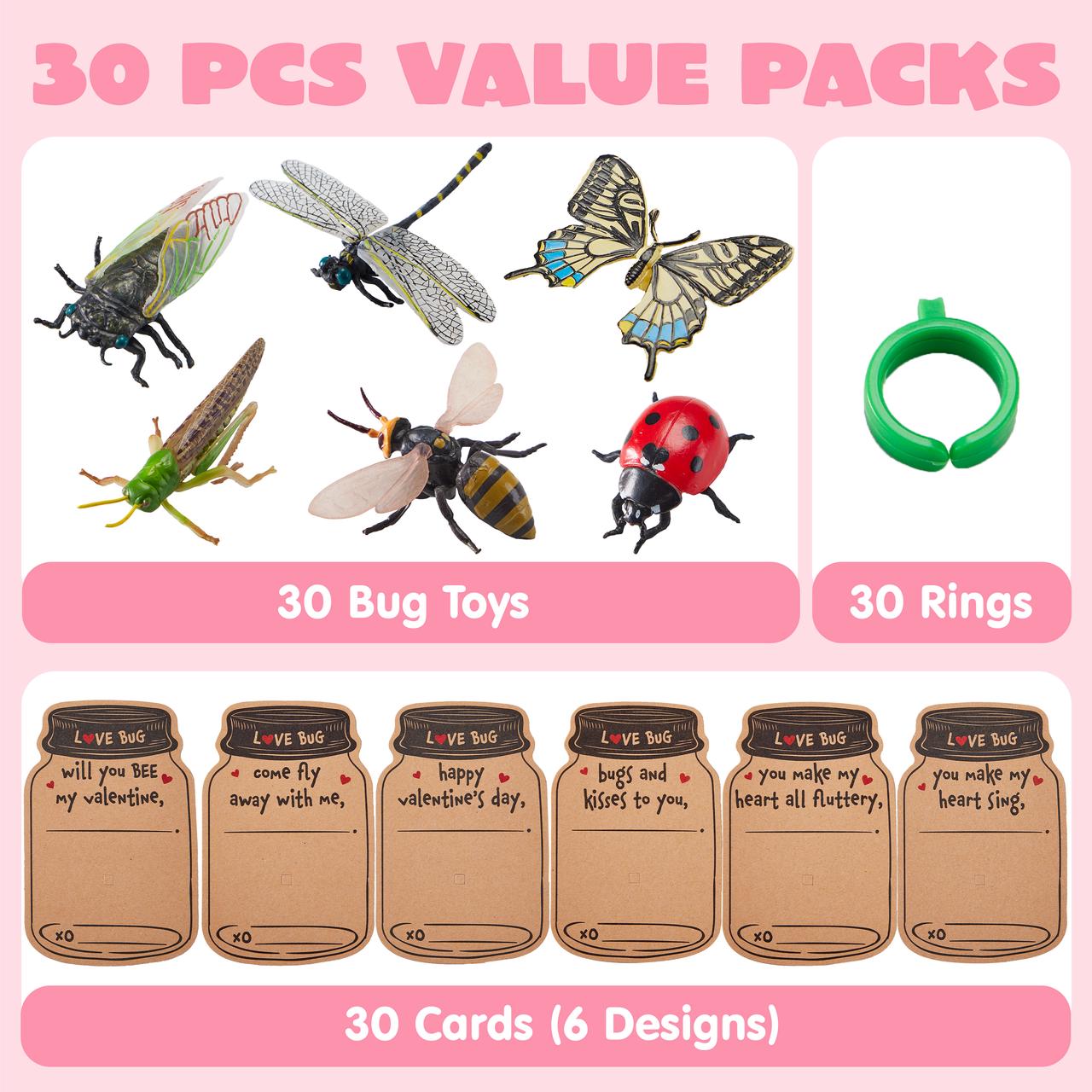 30 Pcs Valentines Day Gift Cards Realistic Bug Toy Set for Kids Valentine's Classroom Exchange Party Favor Toys, Valentine Gift Exchange