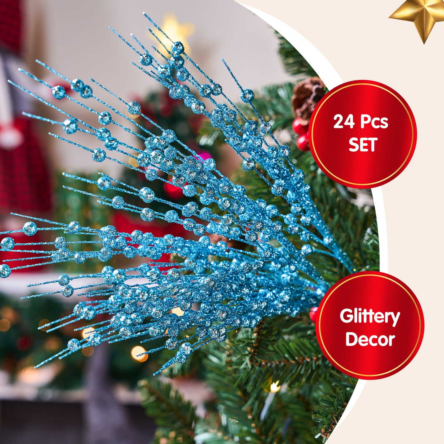 Joyfy 24 Pcs Christmas Tree Berry Stem, 20 Inches Decorative Bead Sticks, Glittery Twigs, Picks, Branches for Christmas Tree, Small Vase, Holiday, Wedding, Party (Light Blue)