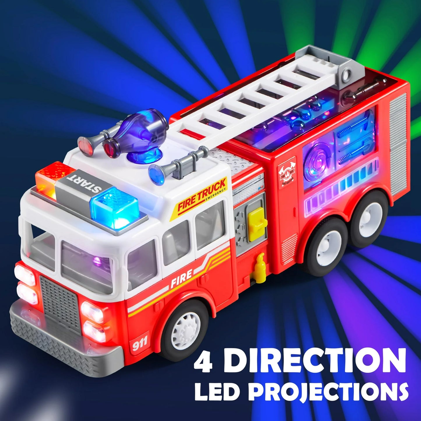 SYNCFUN Fire Truck Toy, Bump and Go Fire Engine Trucks with LED Projections & Sirens, Boys & Girls Firetruck for Kids Birthday