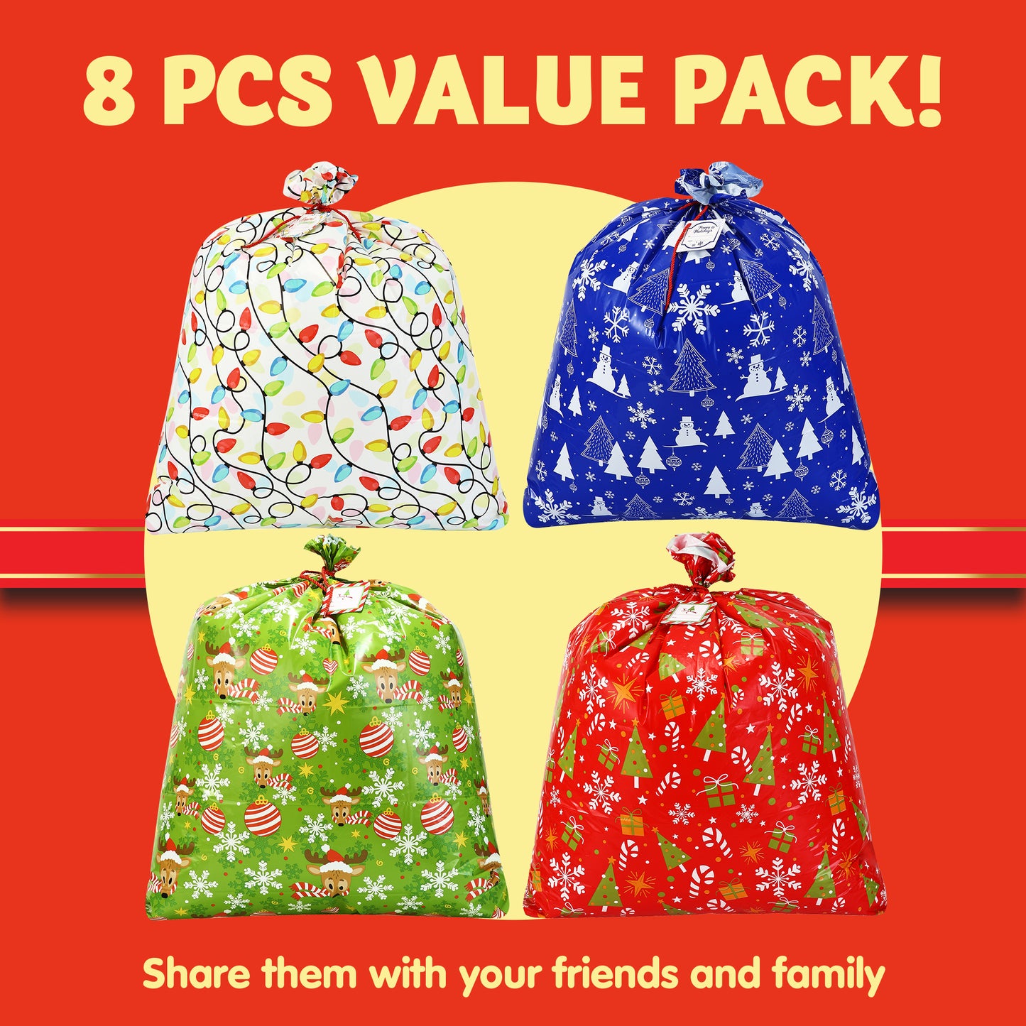 Joyfy 8 Pcs Large Christmas Gift Bags Xmas Presents 44”x 36” Jumbo Christmas Gift Bags Wrapping Giant Gift Bags for Huge Gifts Big Gift Sack Set