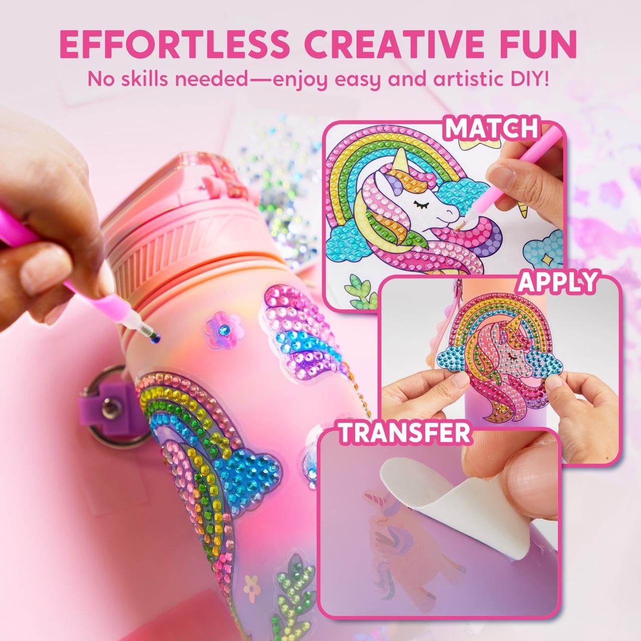 Joyfy Unicorn DIY Water Bottle Art and Craft Kit ,20 oz Girl's Water Bottle with Gem Stickers