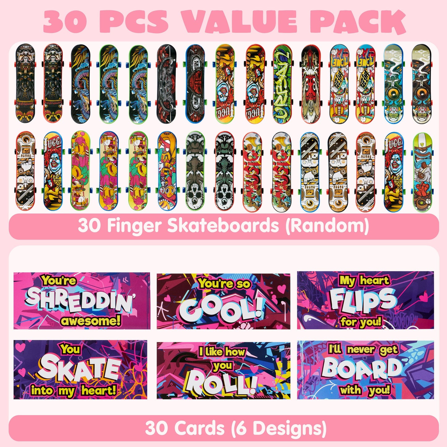 30 Packs Valentines Day Cards with Finger Skateboards for Kids Boys, Valentines School Classroom Exchange Gifts for Ages 6 and up