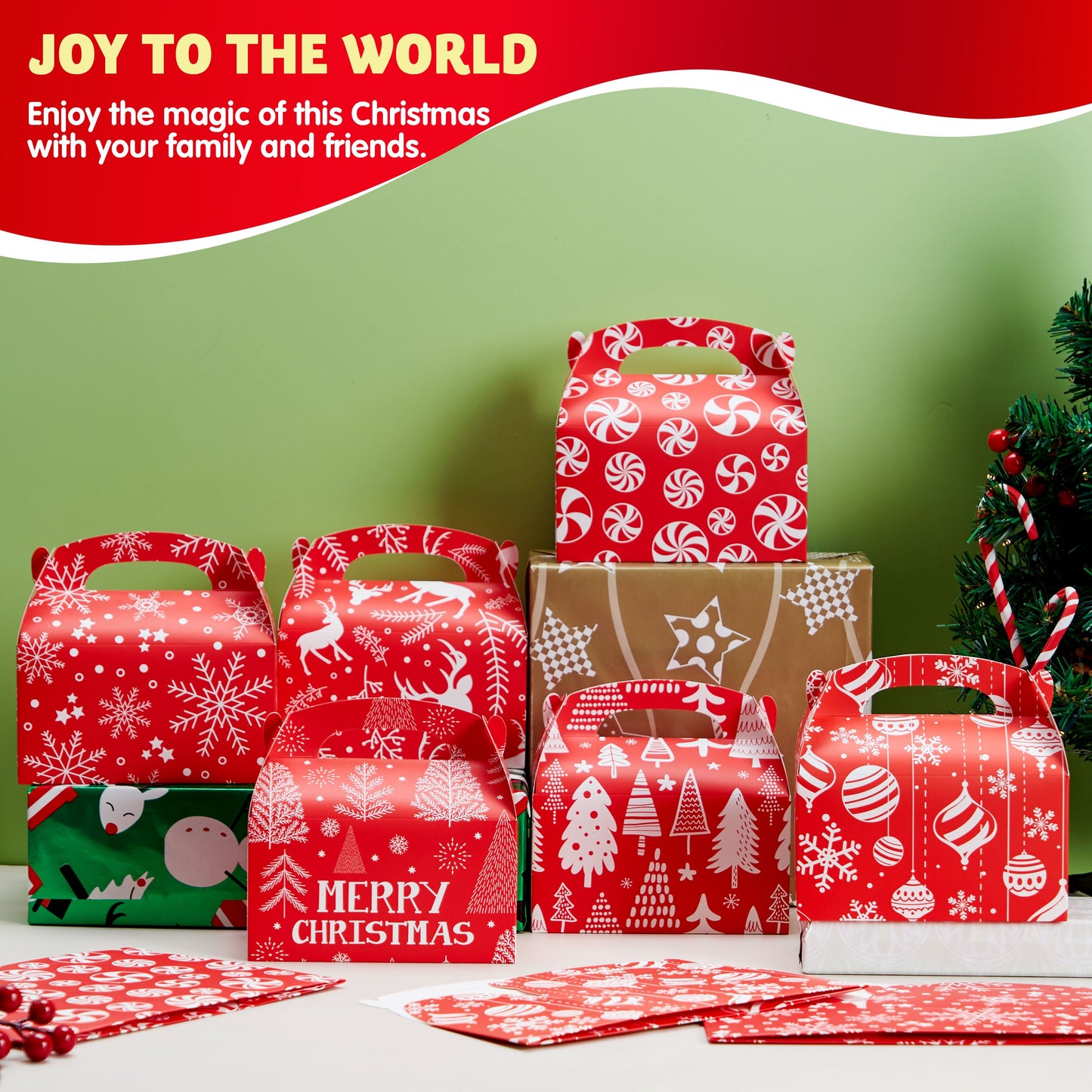 Joyfy 24 Pcs 3D Christmas House Gift Boxes for Holiday Xmas Presents, Goodie Paper Boxes, School Classroom Party Favor Supplies, Candy Treat Cardboard Cookie Wrapping Boxes