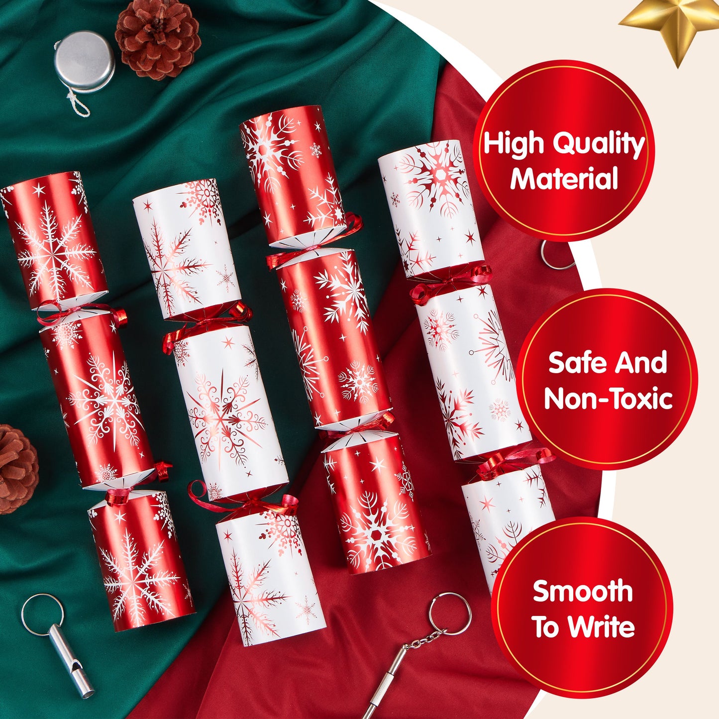 Joyfy 12 Pcs Christmas Crackers Party Favor Non-Snap Red & White Snowflake Design for Kids