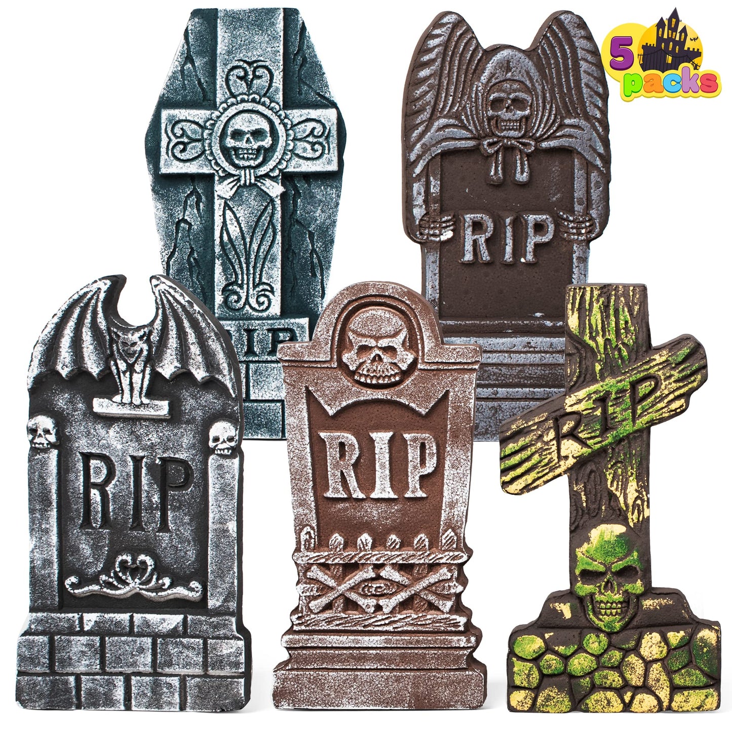 JOYIN 17" Halloween Foam RIP Graveyard Tombstones (5 Pack), Yard Sign Headstone Decorations and 12 Bonus Metal Stakes for Halloween Yard Outdoor Indoor Decorations