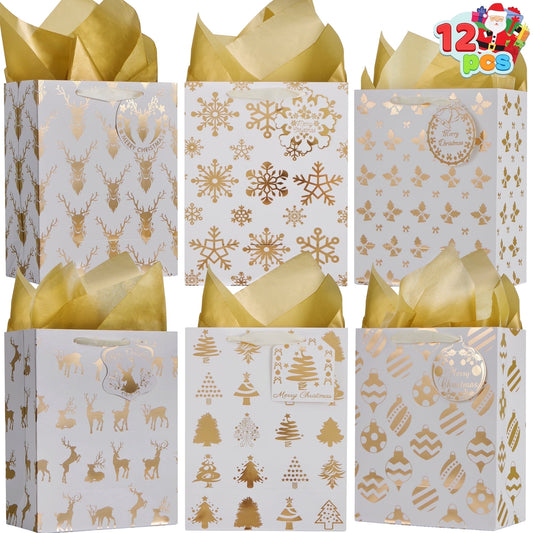Joyfy 12 Pcs Christmas Gift Bag Set,Foil Gold Goody Treat Bags with Tissue Papers and Name Card Tags for Holiday Party Favors Goody Bags, Xmas Presents and Wrapping Stocking Stuffers