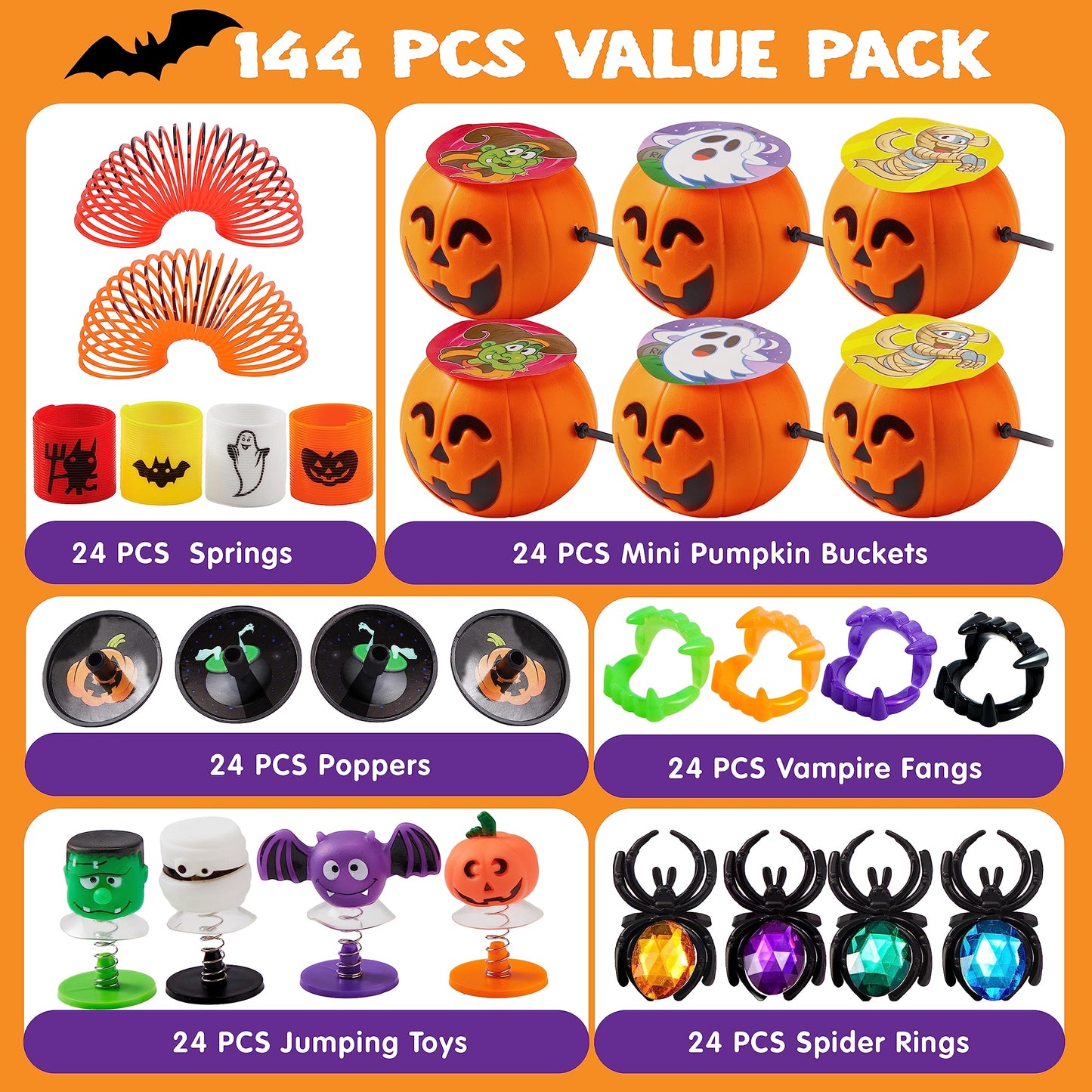 Joyfy 144 Pcs Halloween Toys Party Favors for Kids,Halloween Goodies Including Pumpkin Buckets,Spider Rings,Poppers,Spring,Vampire Teeth and Spinning Tops