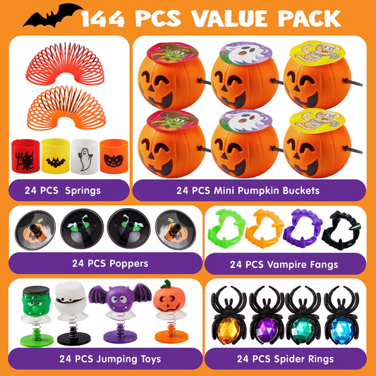 Joyfy 144 Pcs Halloween Toys Party Favors for Kids,Halloween Goodies Including Pumpkin Buckets,Spider Rings,Poppers,Spring,Vampire Teeth and Spinning Tops