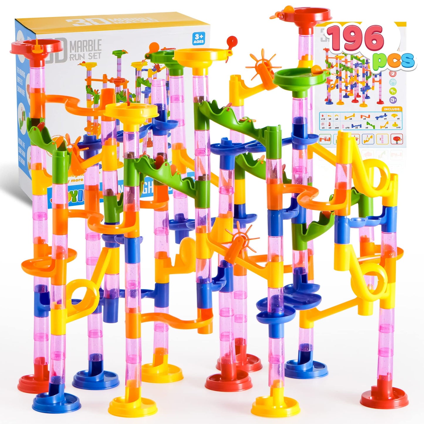 Joyfy 196 Pcs Marble Run, Construction Marble Maze Game, STEM Educational Toy, Building Block Toy, Gift for Kids Toddler Aged 3 4 5 6 7 8
