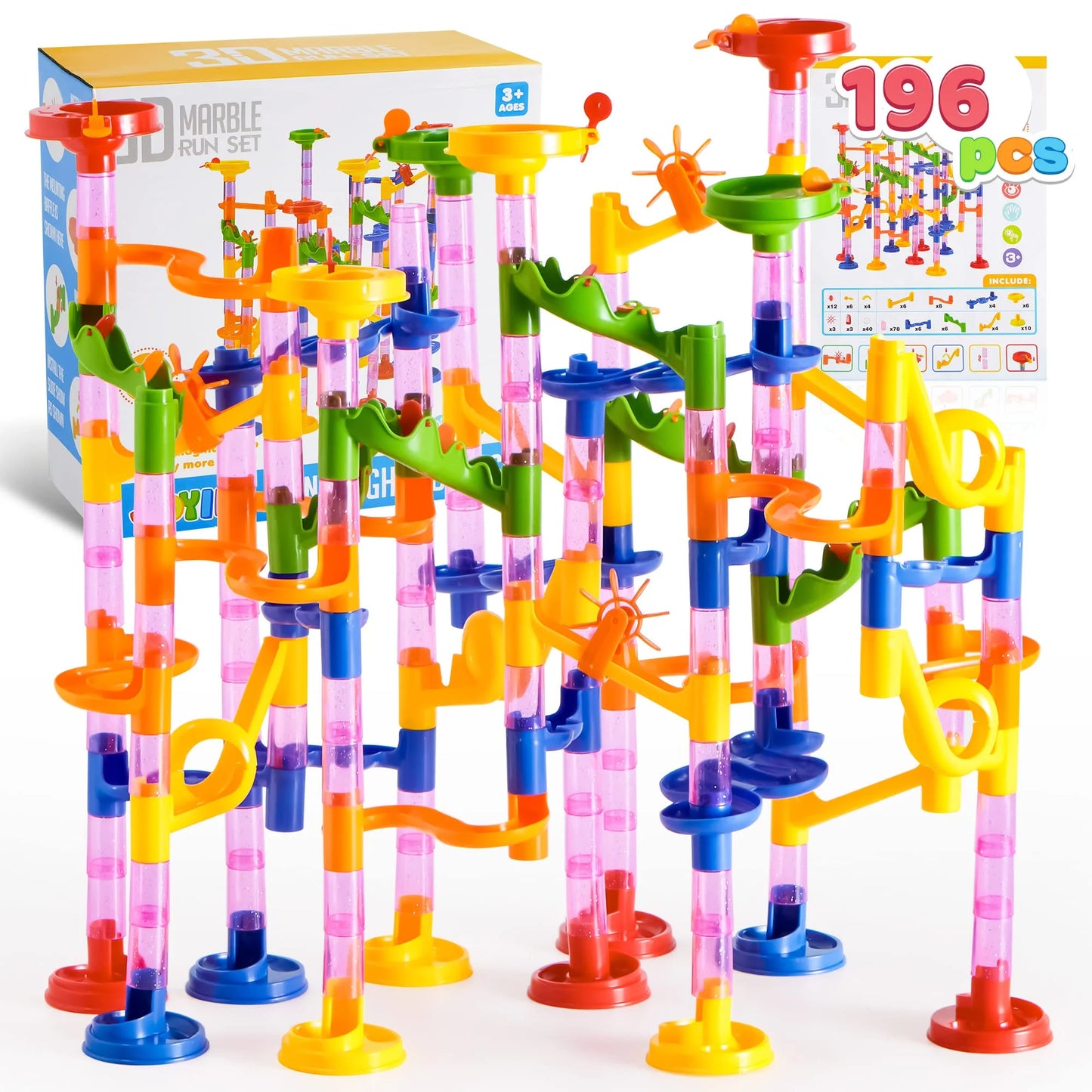 196 Pcs Marble Run, Construction Marble Maze Game, STEM Educational Toy, Building Block Toy, Gift for Kids Toddler Aged 3 4 5 6 7 8