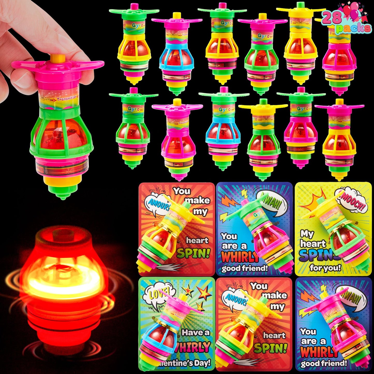 28 Packs Valentine's Day Gift Cards with Light up Spinning Tops, LED UFO Gyroscope Flashing Lights for Valentine Party Favors Toys,Classroom Exchange Prizes,Valentines Day Cards for Kids School