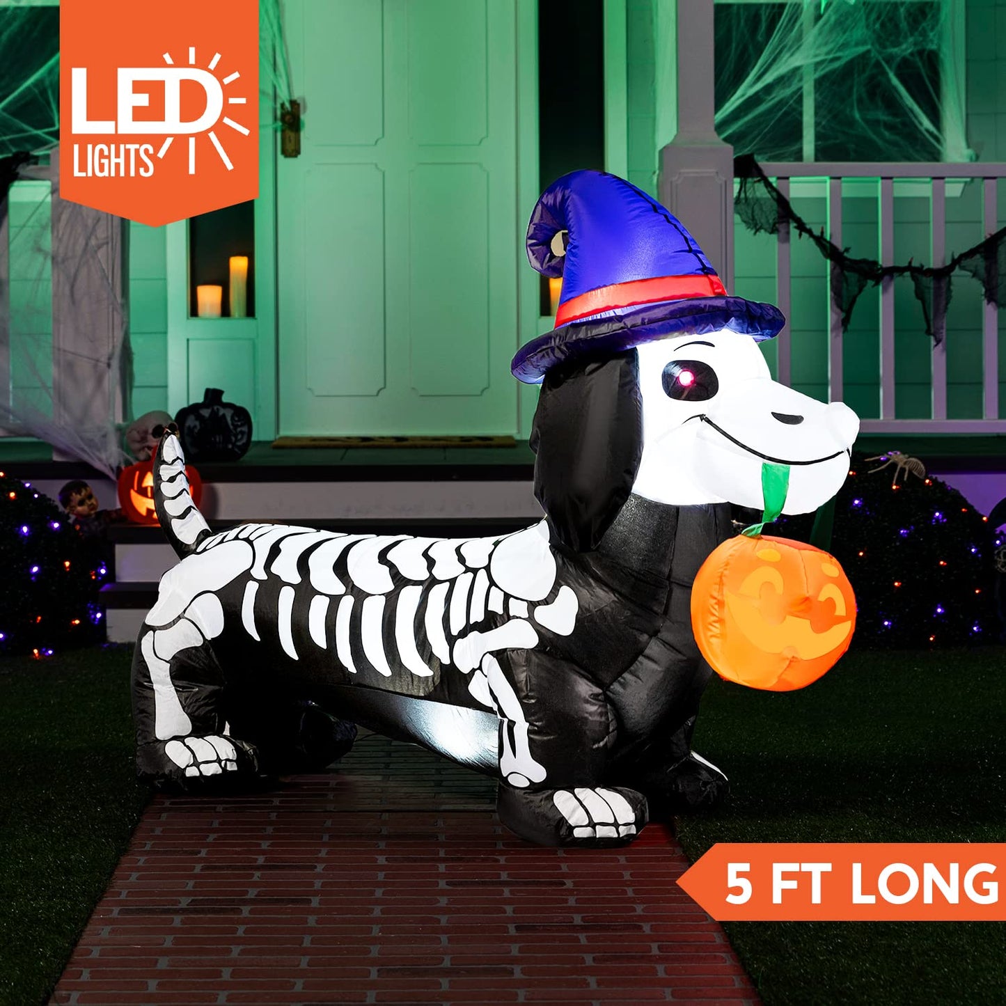 Syncfun 5 FT Halloween Inflatables Light up Pumpkin Skeleton Wiener Dog Long Halloween Inflatables Outdoor Decorations,Blow up Halloween Yard Decorations